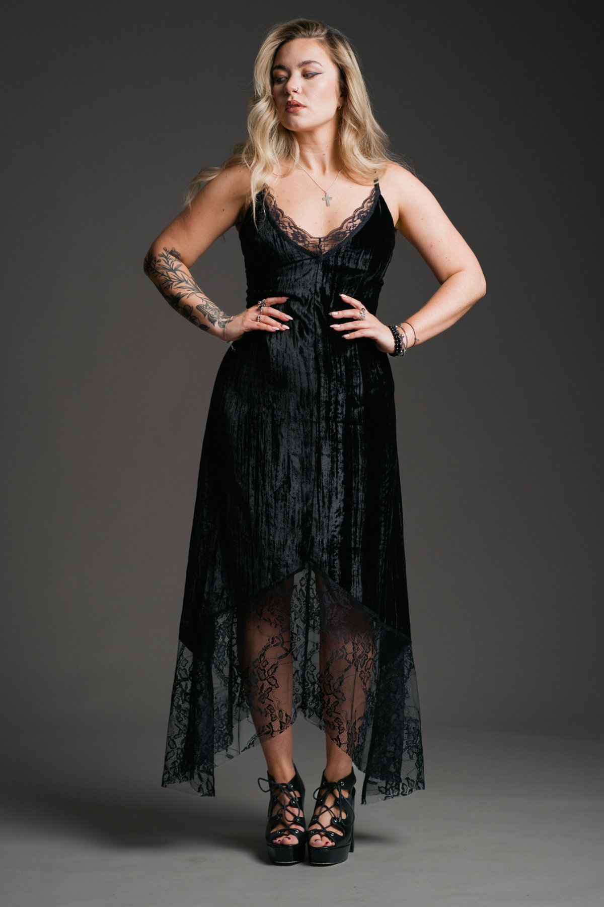 Erin wearing Wild Heart Black Lace Trim handkerchief Dress