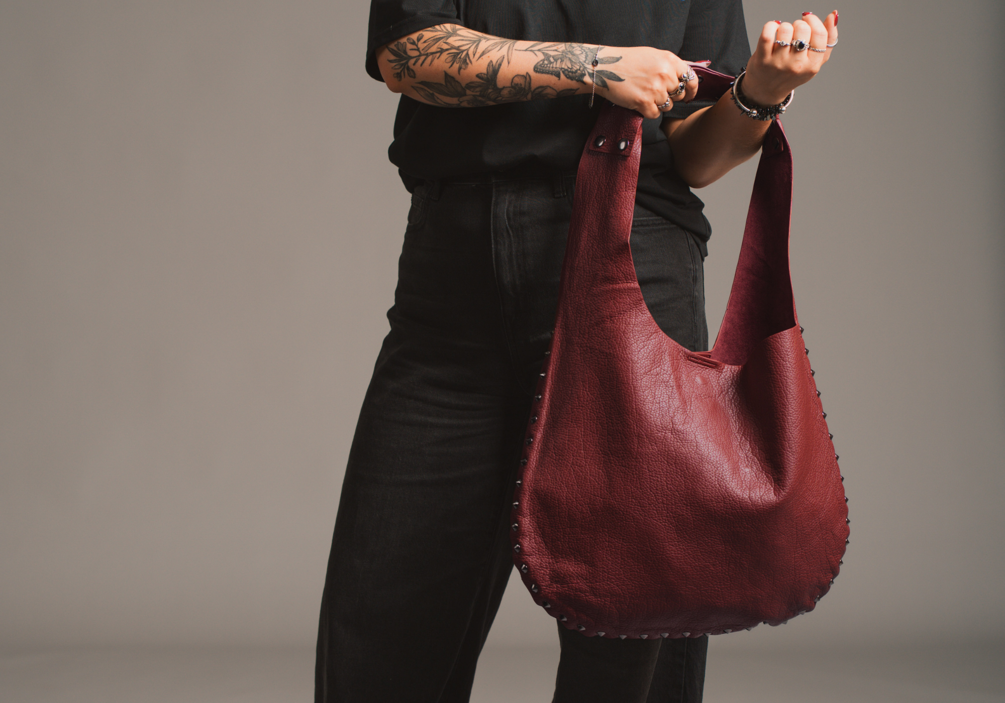 Romy Studded Oxblood Hobo bag. 