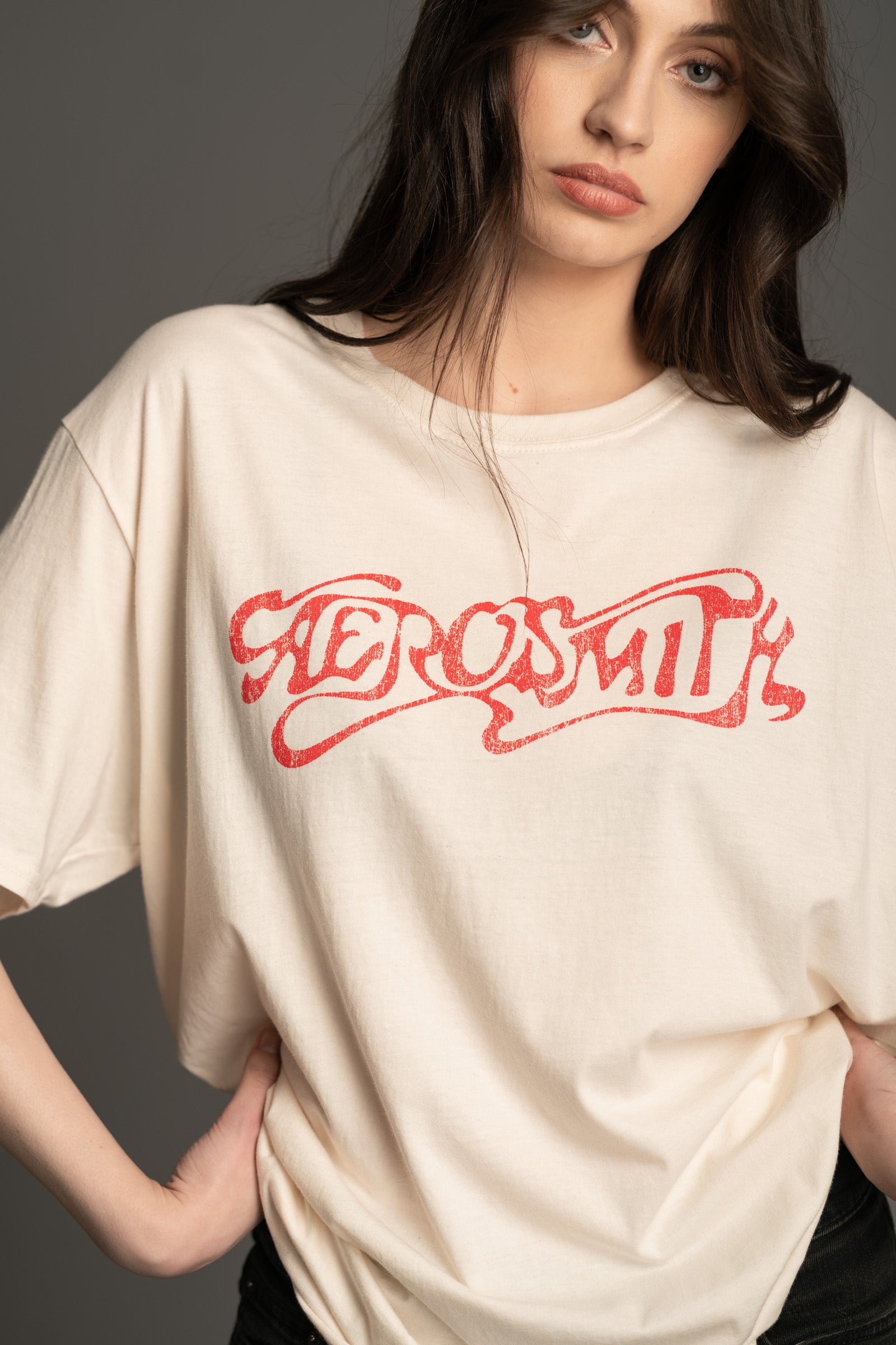 Aerosmith Classic Logo Band Tee front model view on natural base from Little Lies