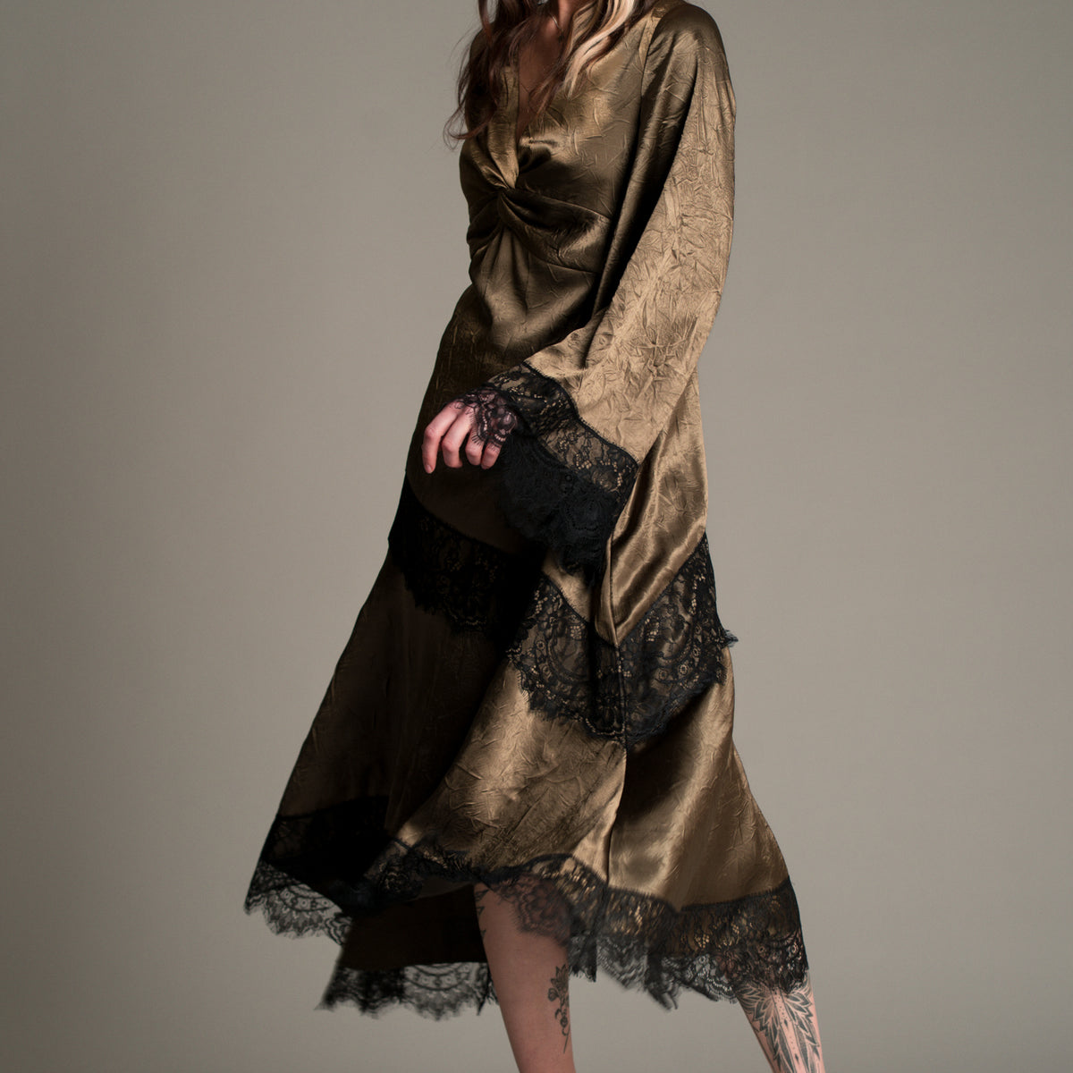 Arabella Olive Satin Lace Trim Maxi Dress | Little Lies UK 8