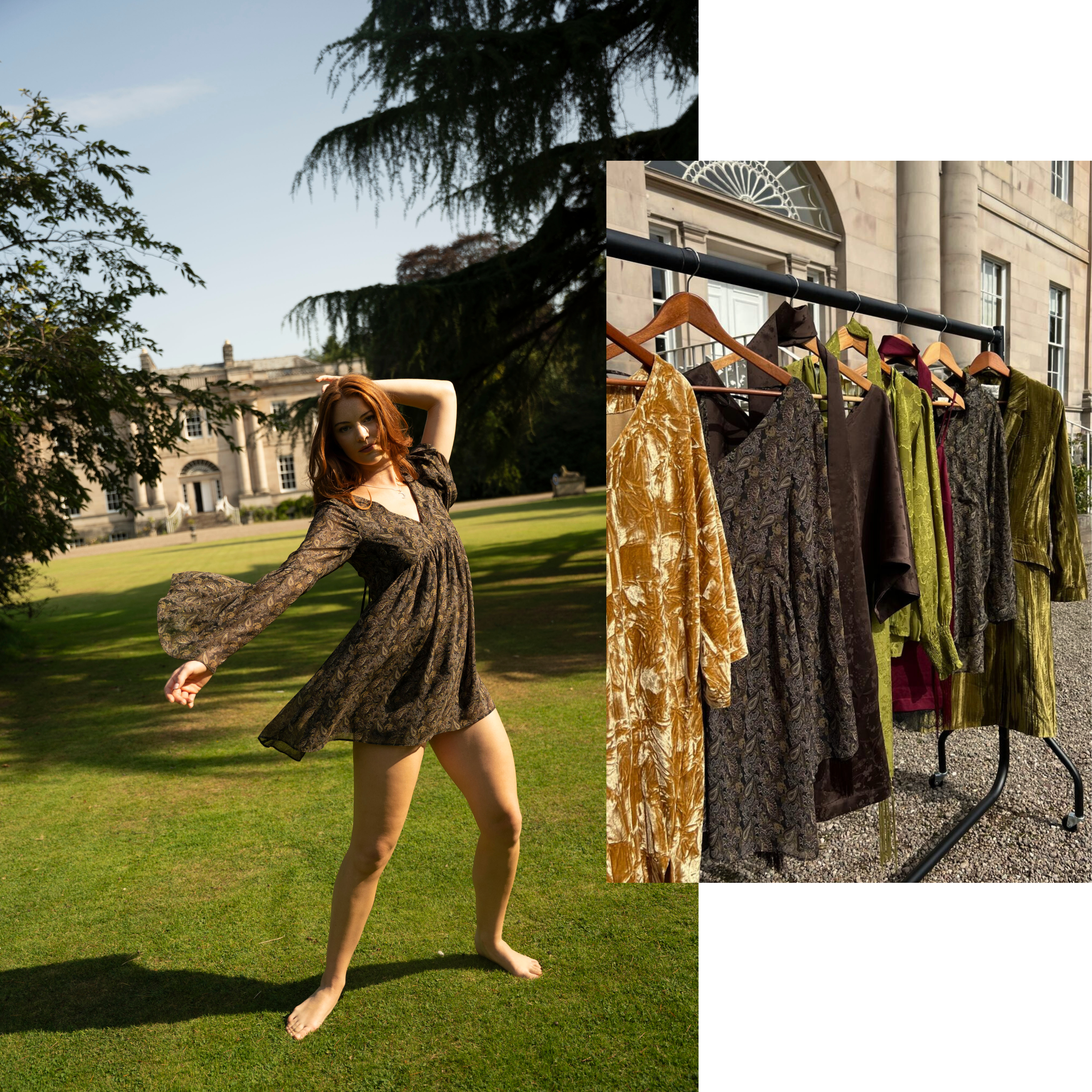 Campaign shoot at the Byre of Inchyra estate – barefoot model in Cinnamon Girl Paisley smock dress patterned and clothing rack with Autumn ’25 collection pieces