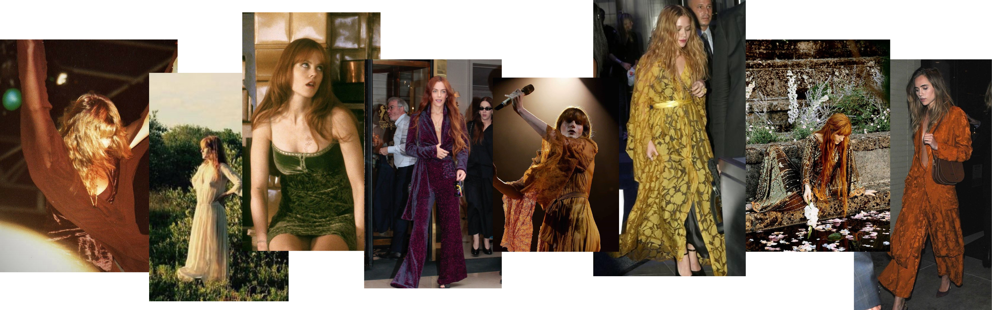 Collage of vintage and boho-inspired outfits in earthy tones – styled across outdoor shoots, fashion events and performance settings Little Lies Autumn '25