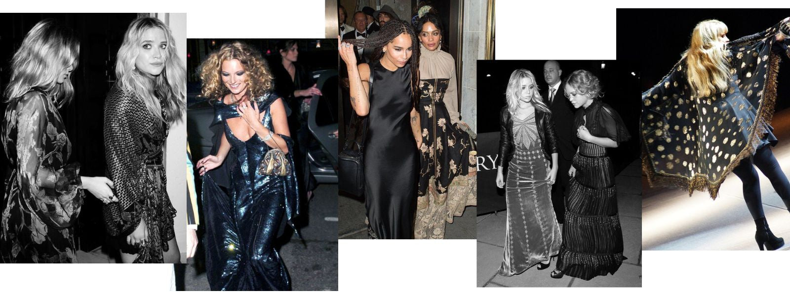 Collage of iconic celebrities wearing party looks including Stevie Nicks in a gold metallic kimono, Zoe Kravitz in black satin, Kate Moss in teal sparkle and the Olsen Twins in statement silhouettes. 