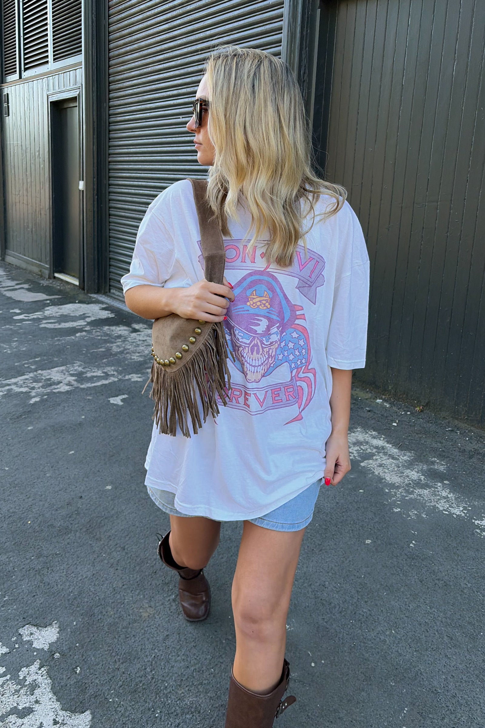 Bon Jovi The Brotherhood band tee in white – oversized graphic t-shirt front print styled with boots and denim shorts