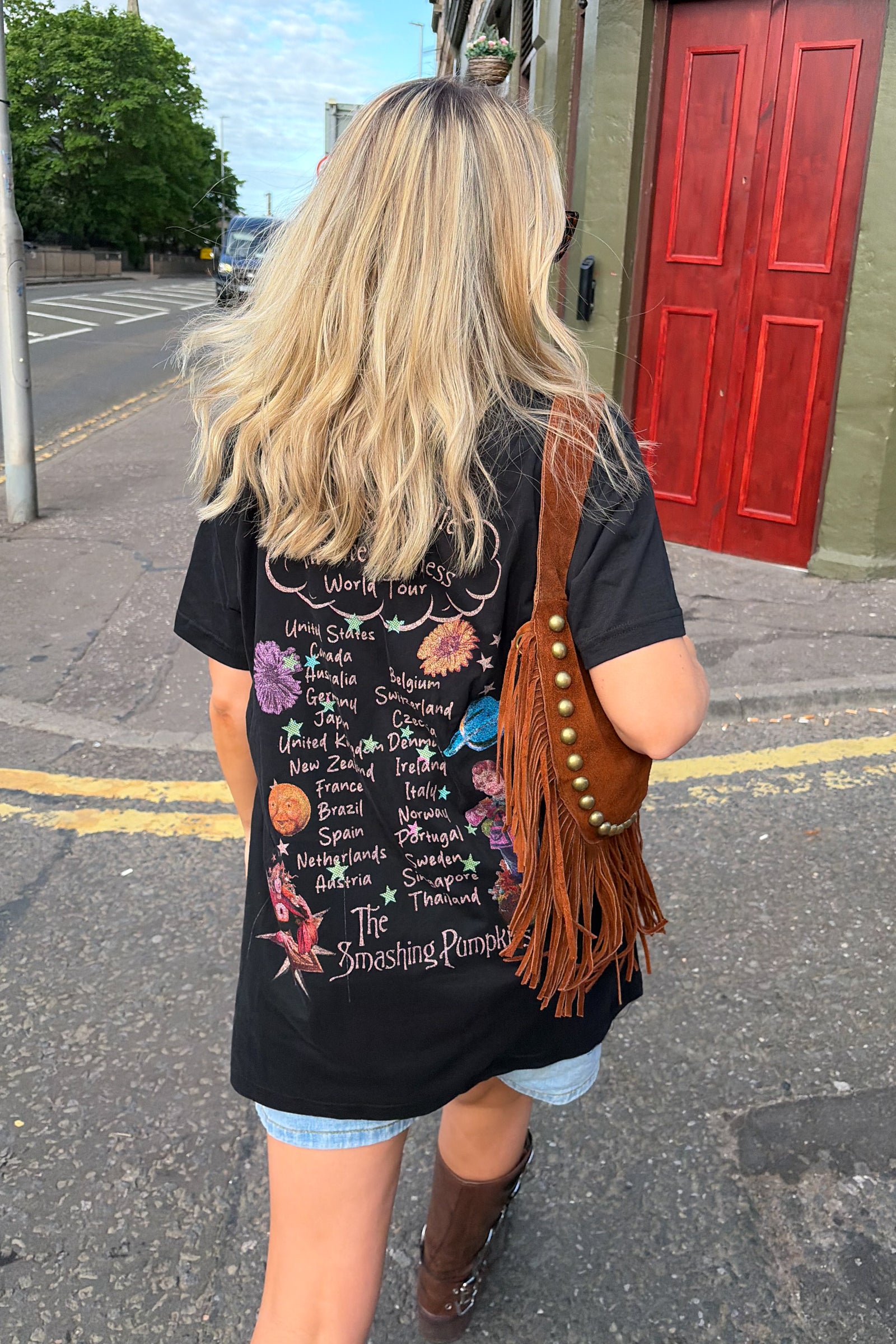 The Smashing Pumpkins Celestial band tee in black – oversized graphic t-shirt with back print worn by model