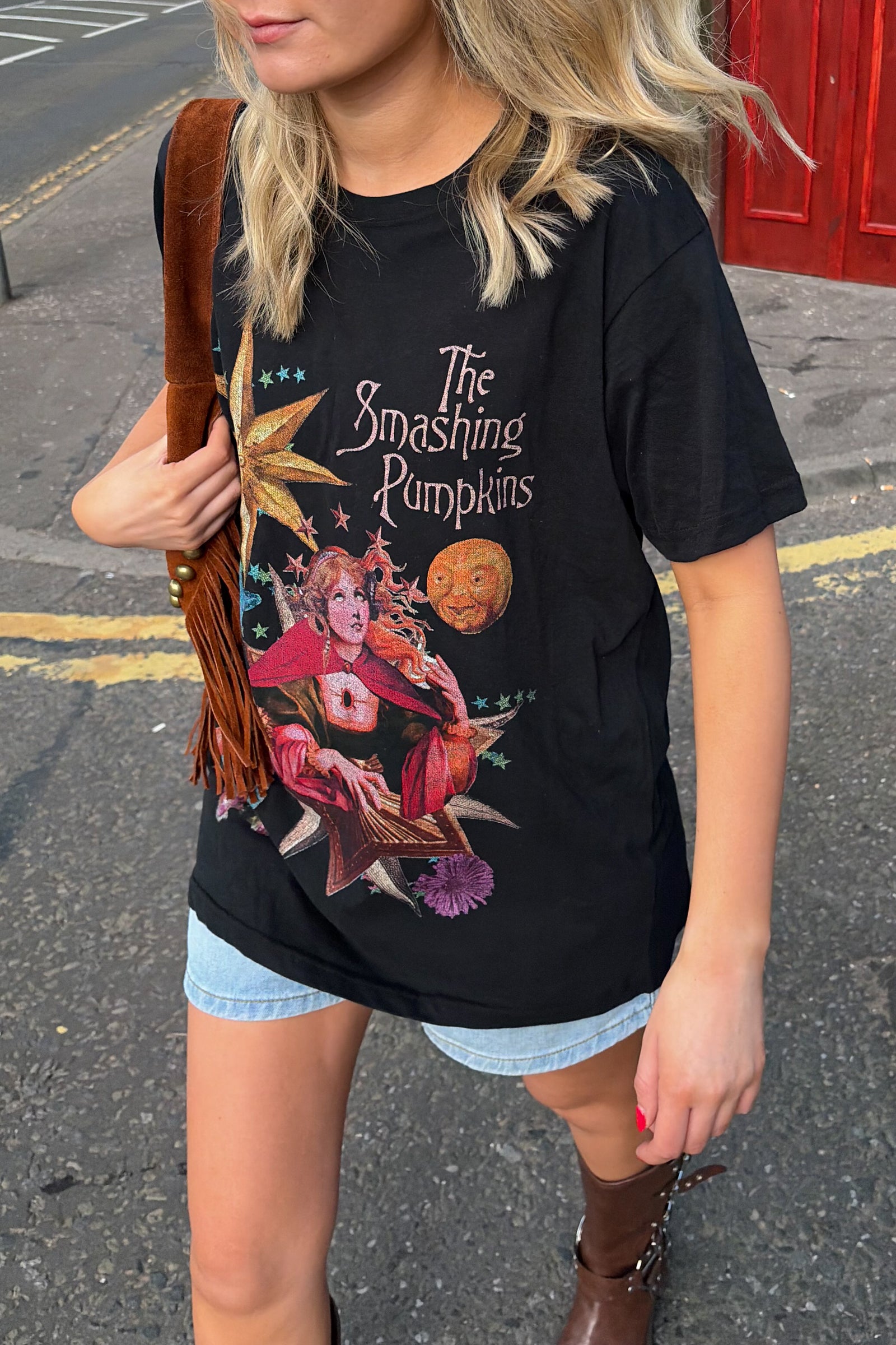 The Smashing Pumpkins Celestial band tee in black – oversized graphic t-shirt front print styled with boots and denim shorts
