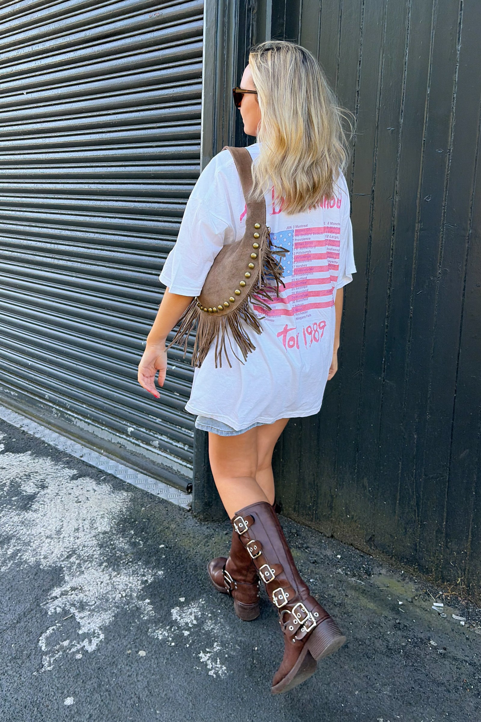 Bon Jovi The Brotherhood band tee in white – oversized graphic t-shirt with back print worn by model