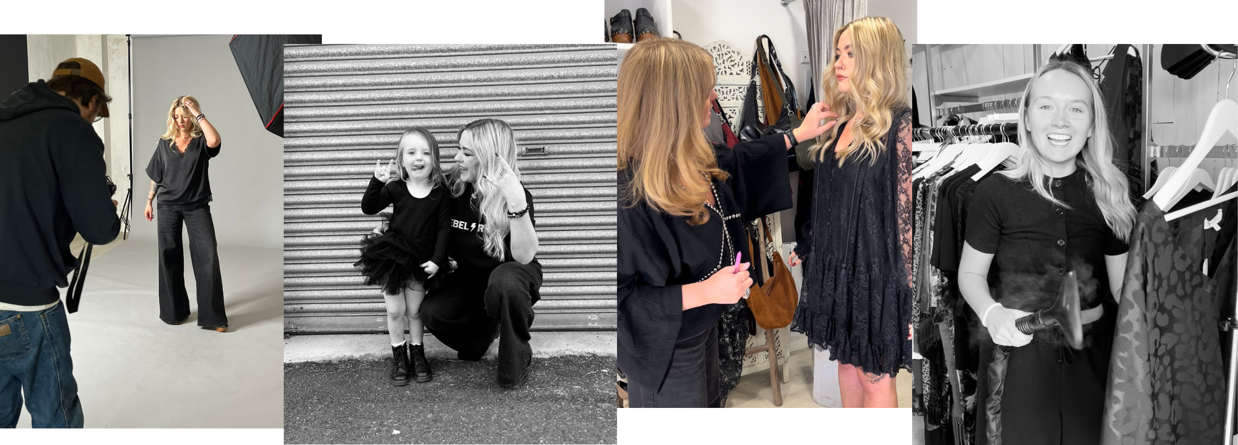On set with Little Lies, Birthday Campaign Shoot Collage