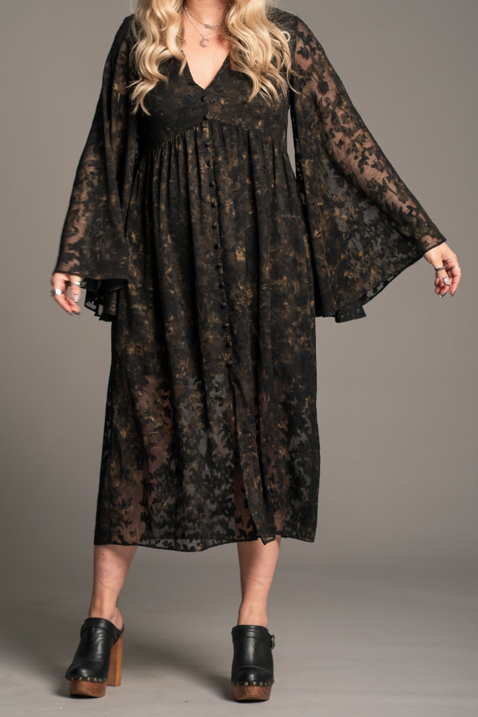 Little Lies Bella Donna black lace midi dress with sheer floral overlay, button front and wide sleeves, on‑model front view