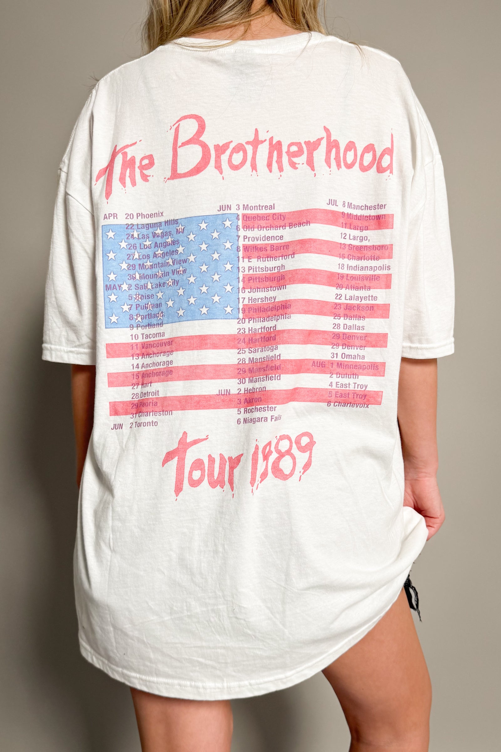 Back view of Little Lies Bon Jovi The Brotherhood tour band tee with American flag graphic and 1989 tour dates in vintage wash finish
