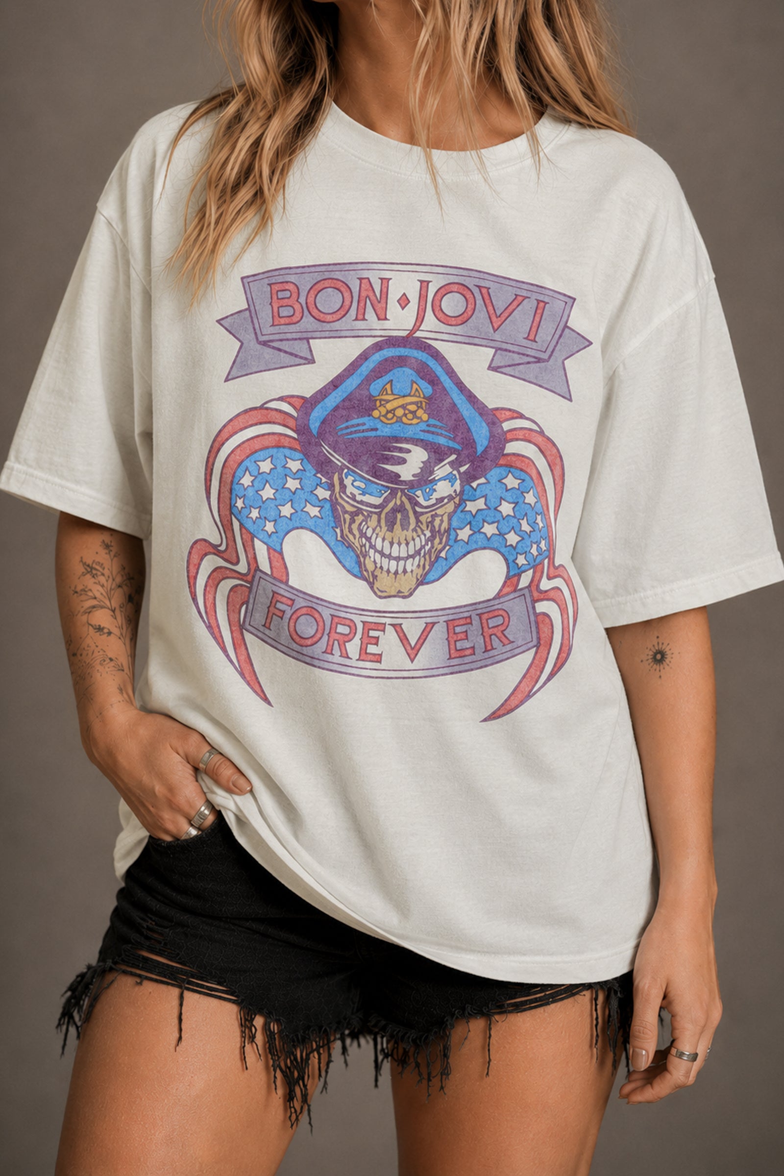 Little Lies Bon Jovi graphic t-shirt in off white featuring Brotherhood Forever skull and banner print