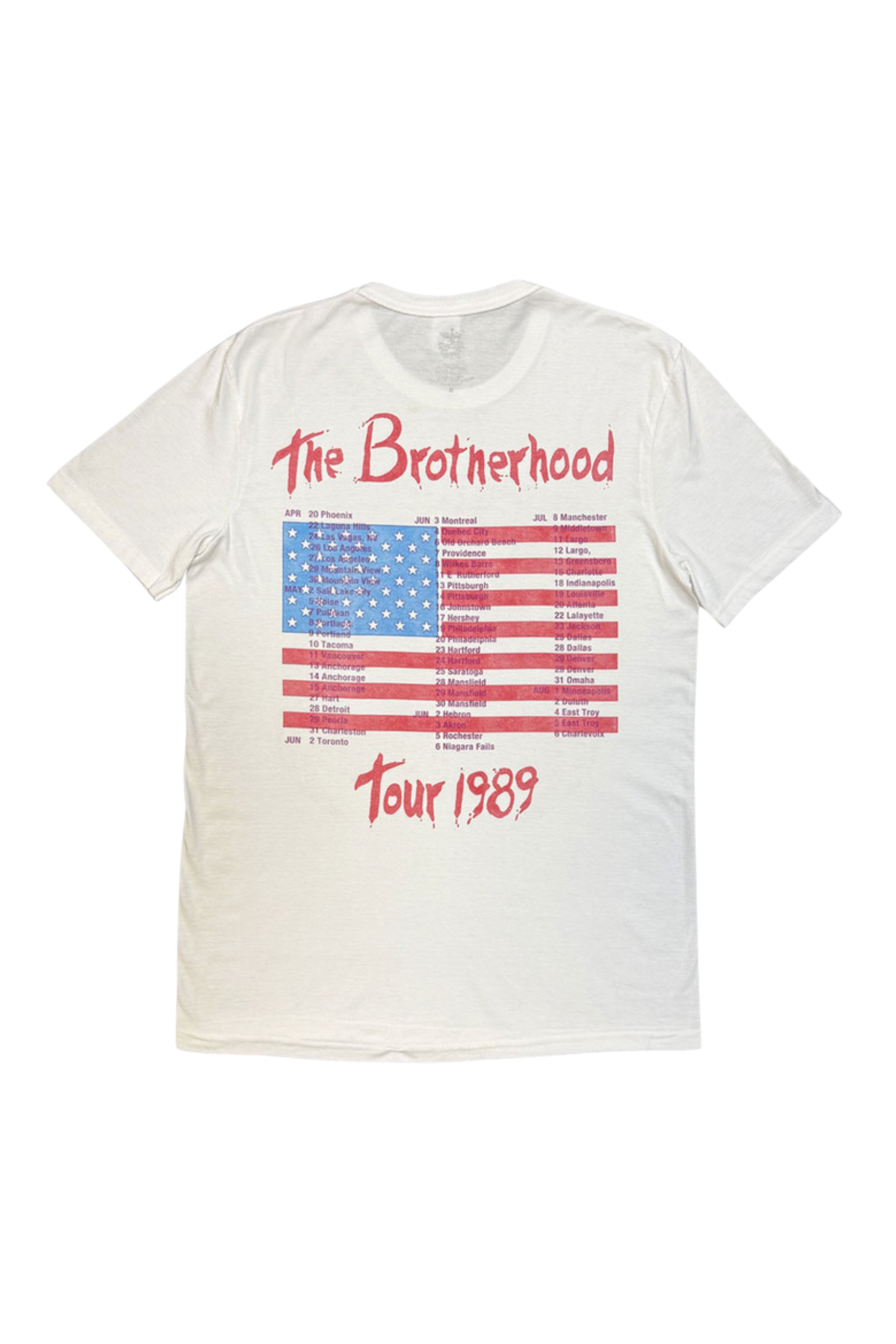 Back ghost image of Little Lies Bon Jovi The Brotherhood Band Tee in off white showing Brotherhood Tour 1989 dates