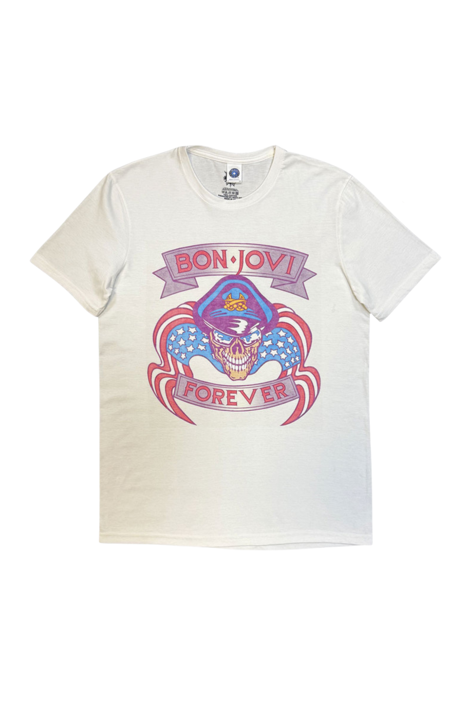 Front ghost image of Little Lies Bon Jovi The Brotherhood Band Tee in off white showing Forever skull and stars graphic