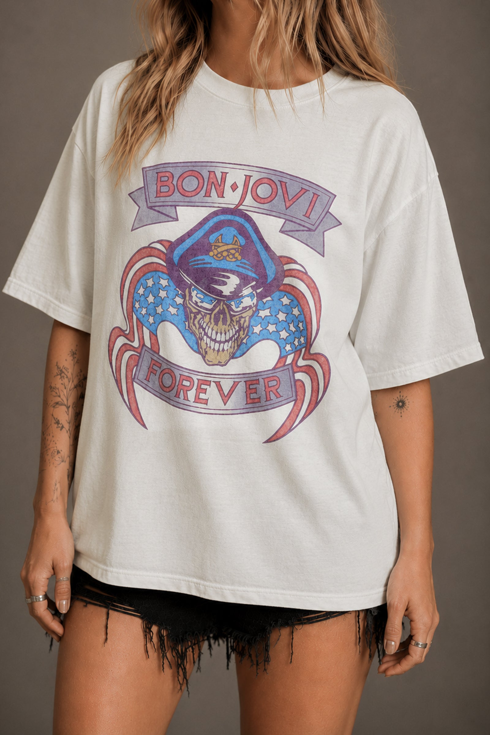 Little Lies Bon Jovi The Brotherhood oversized band tee in off white with Forever skull graphic print