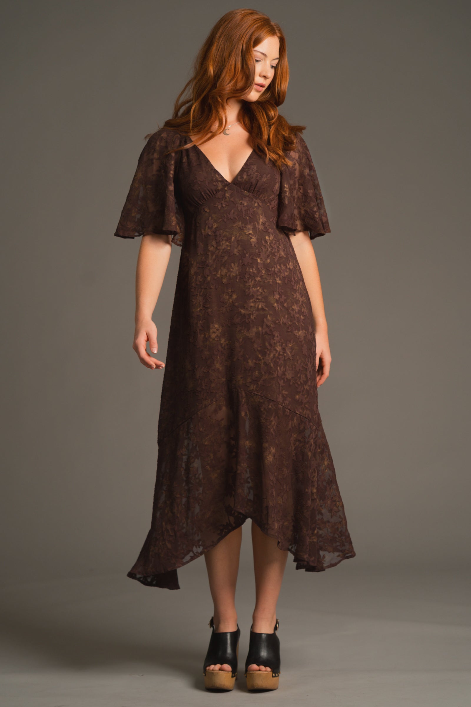 Anna wearing the Brown Sugar cape maxi chiffon dress, Stevie nicks inspired styling studio