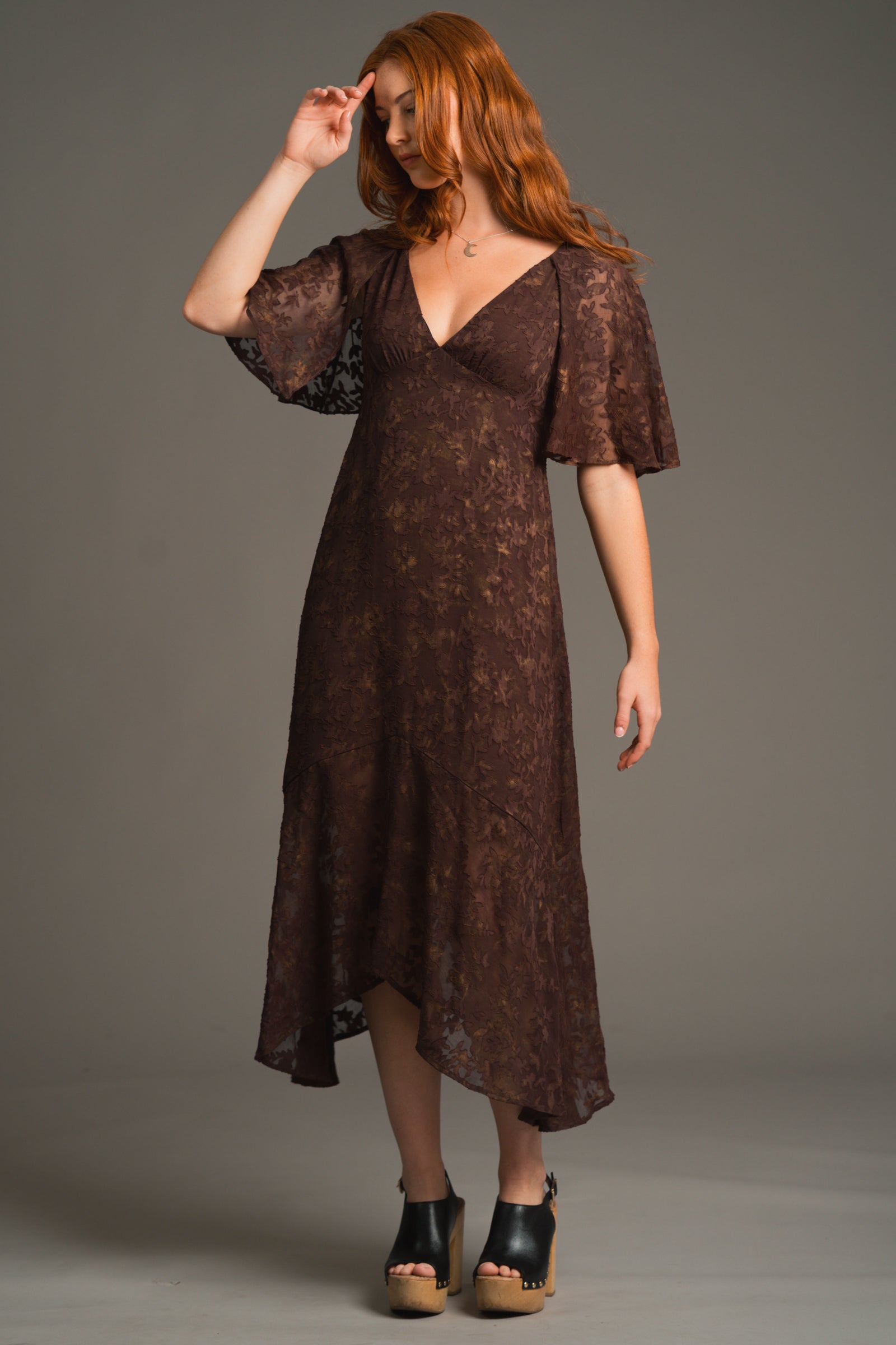 Anna wearing the Brown Sugar cape maxi chiffon dress, Stevie nicks inspired styling studio