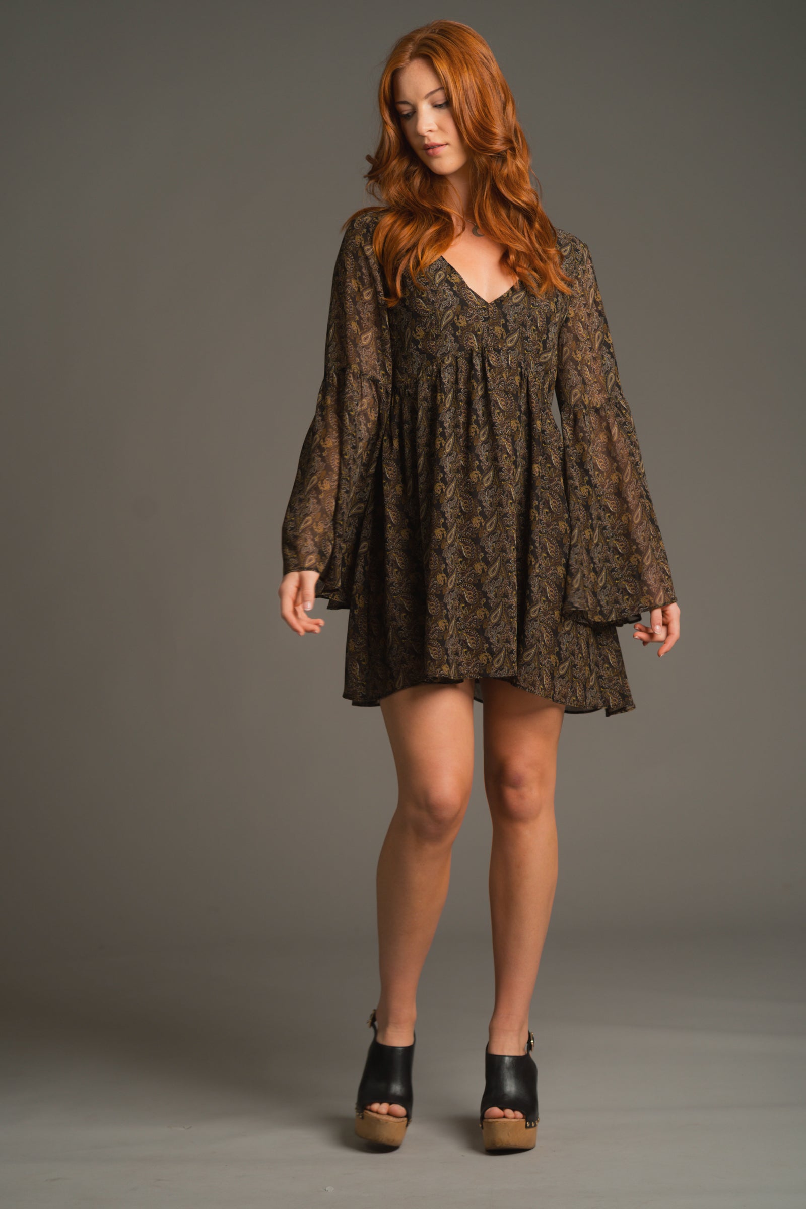 Cinnamon Girl Paisley Chiffon Smock Dress front view in deep neutrals with flared sleeves and relaxed mini fit
