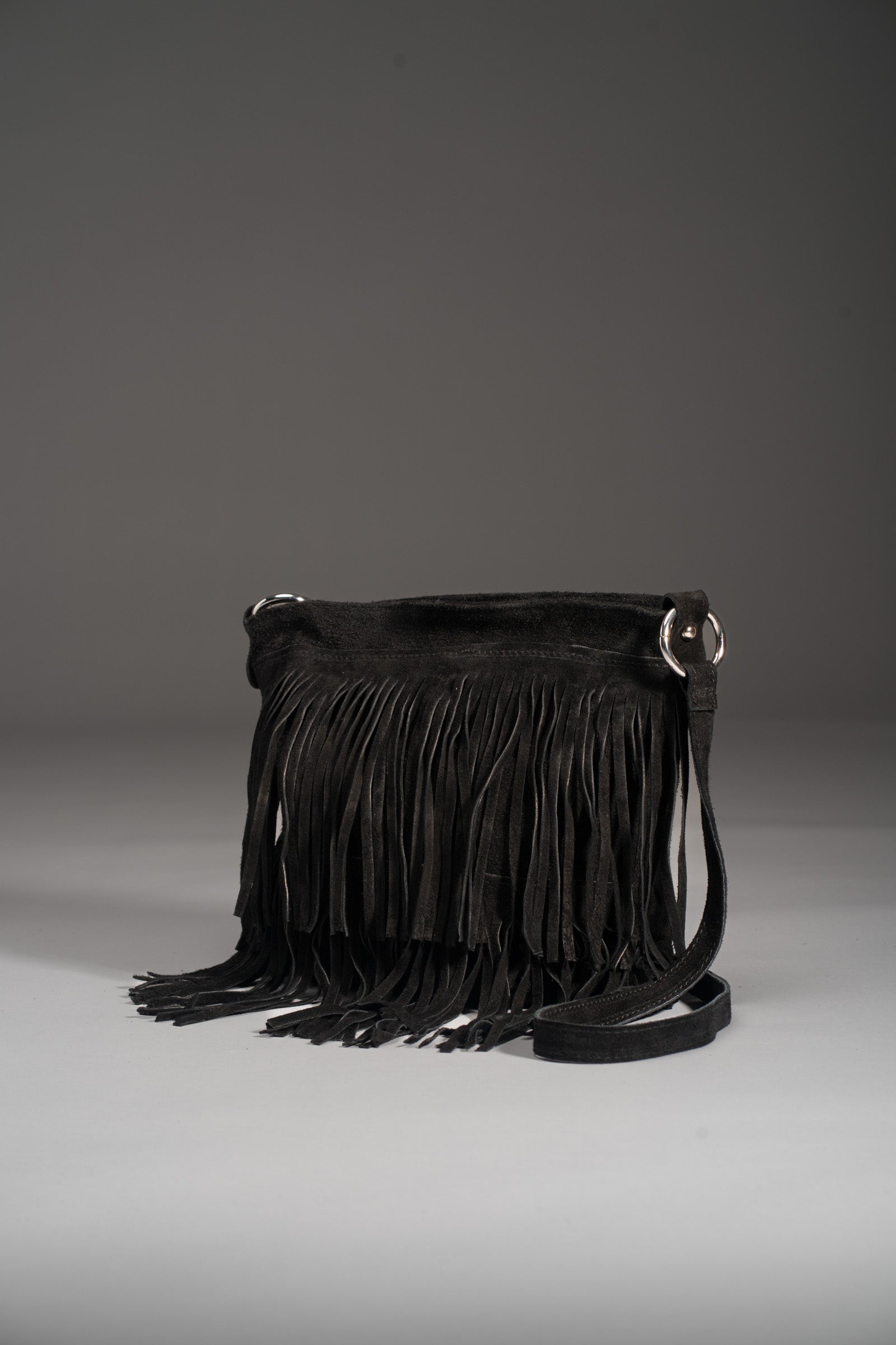 Black Genuine Suede Fringed Bag