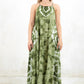 Model wearing Groover Maxi Dress- Relaxed fit, khaki, tie dye dress. No button or zip closure with tiered hem and adjustable straps