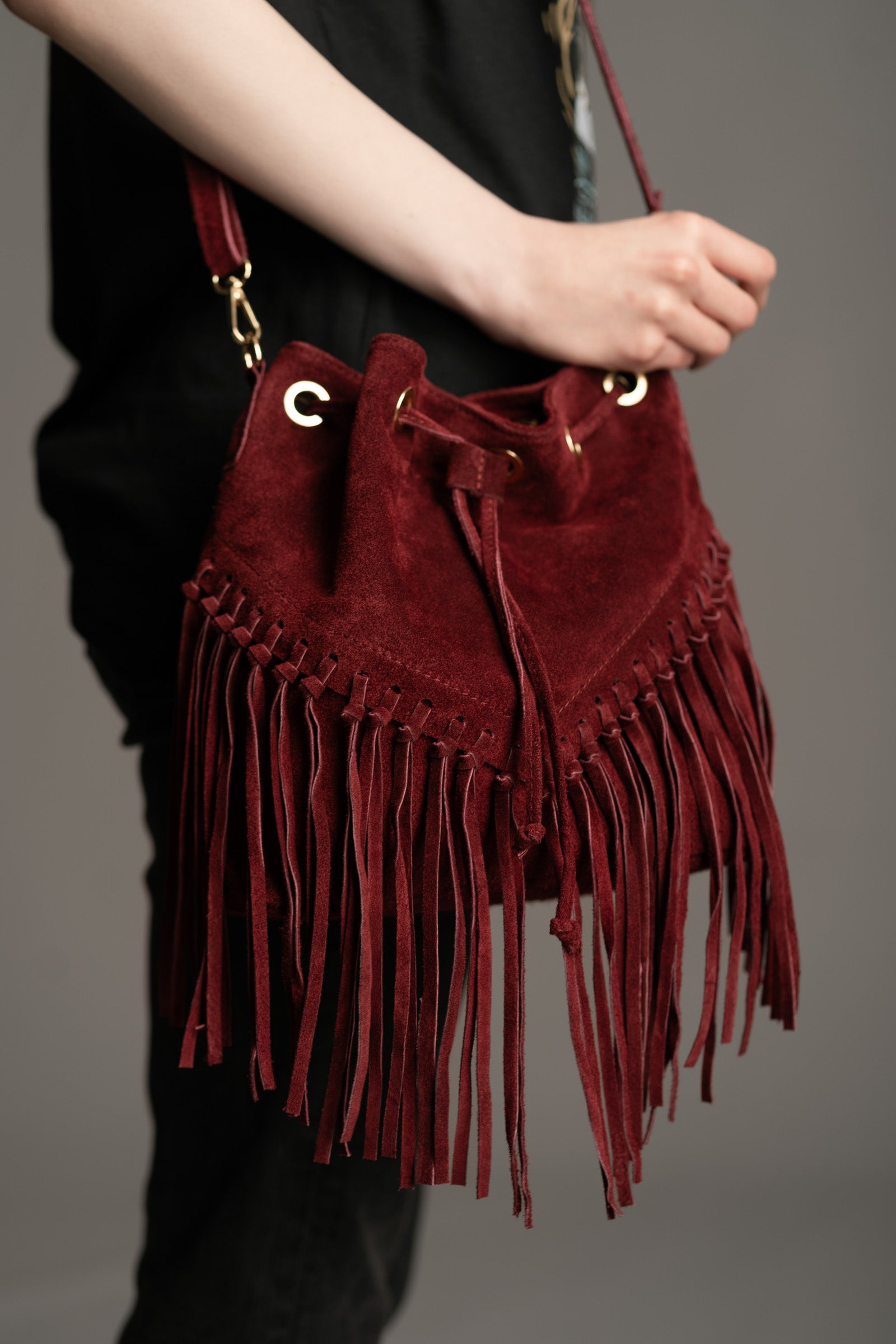 Free Bird Burgundy Genuine Suede Bucket Bag Little Lies