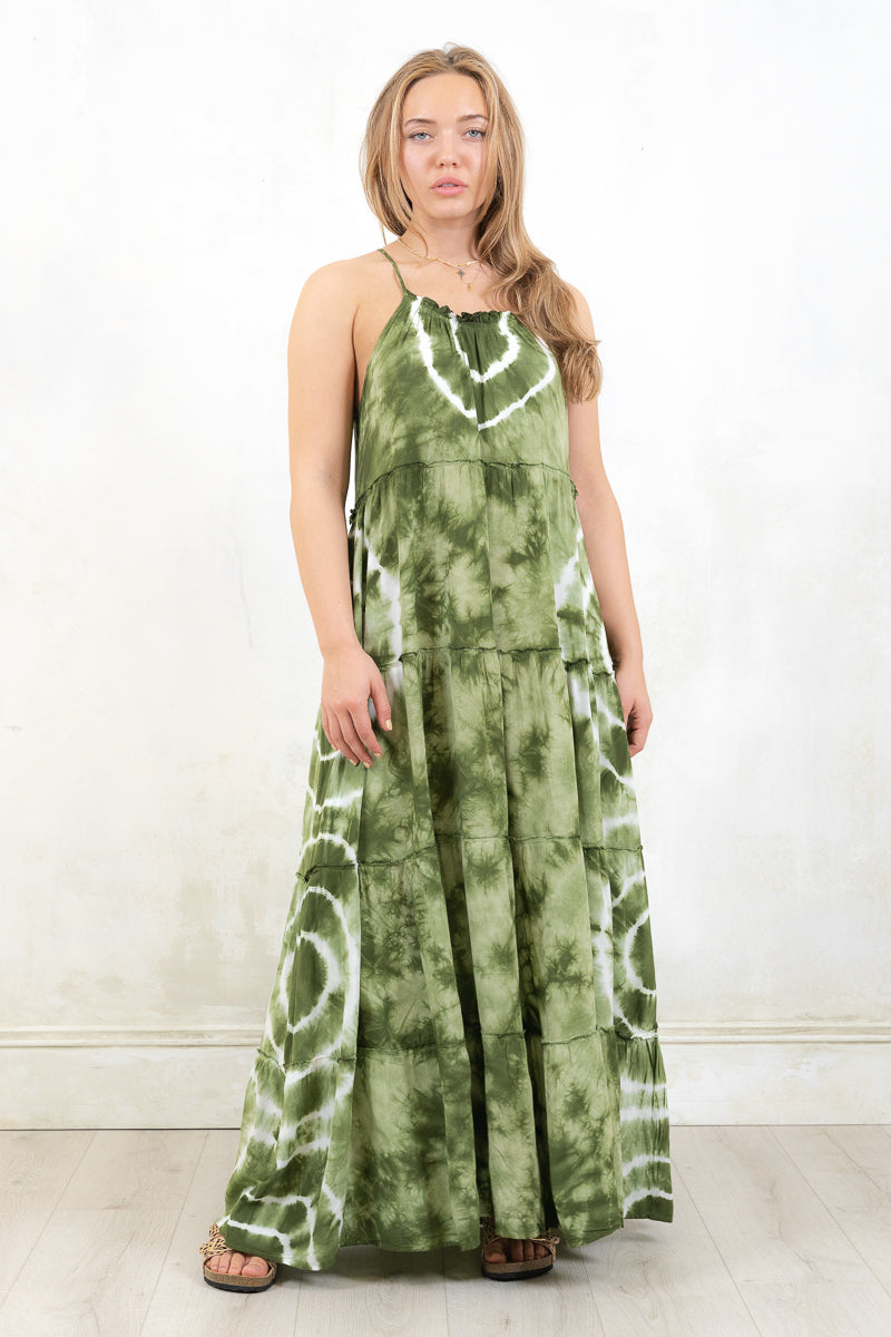 Model wearing Groover Maxi Dress- Relaxed fit, khaki, tie dye dress. No button or zip closure with tiered hem and adjustable straps