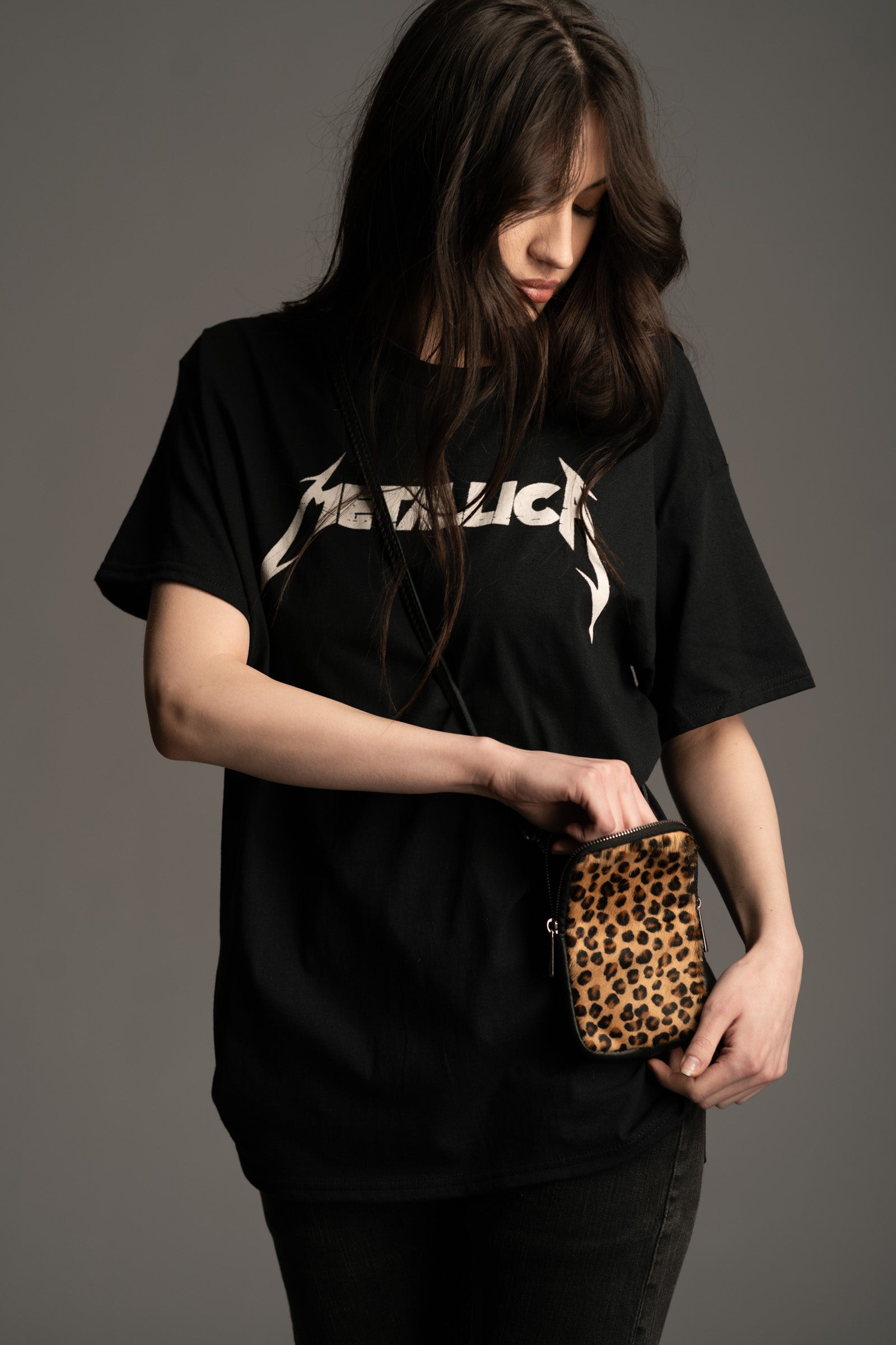 Leopard Print Ponyskin Crossbody Pouch Bag