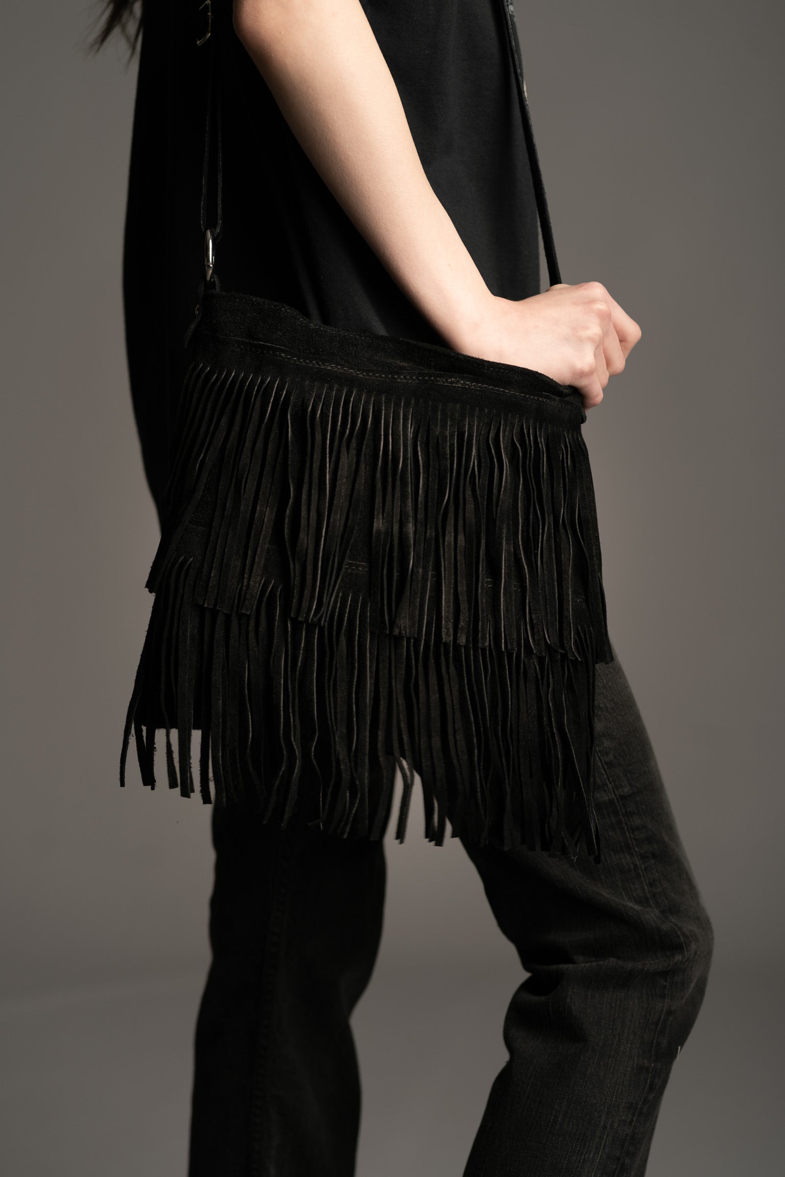 Black Genuine Suede Fringed Bag