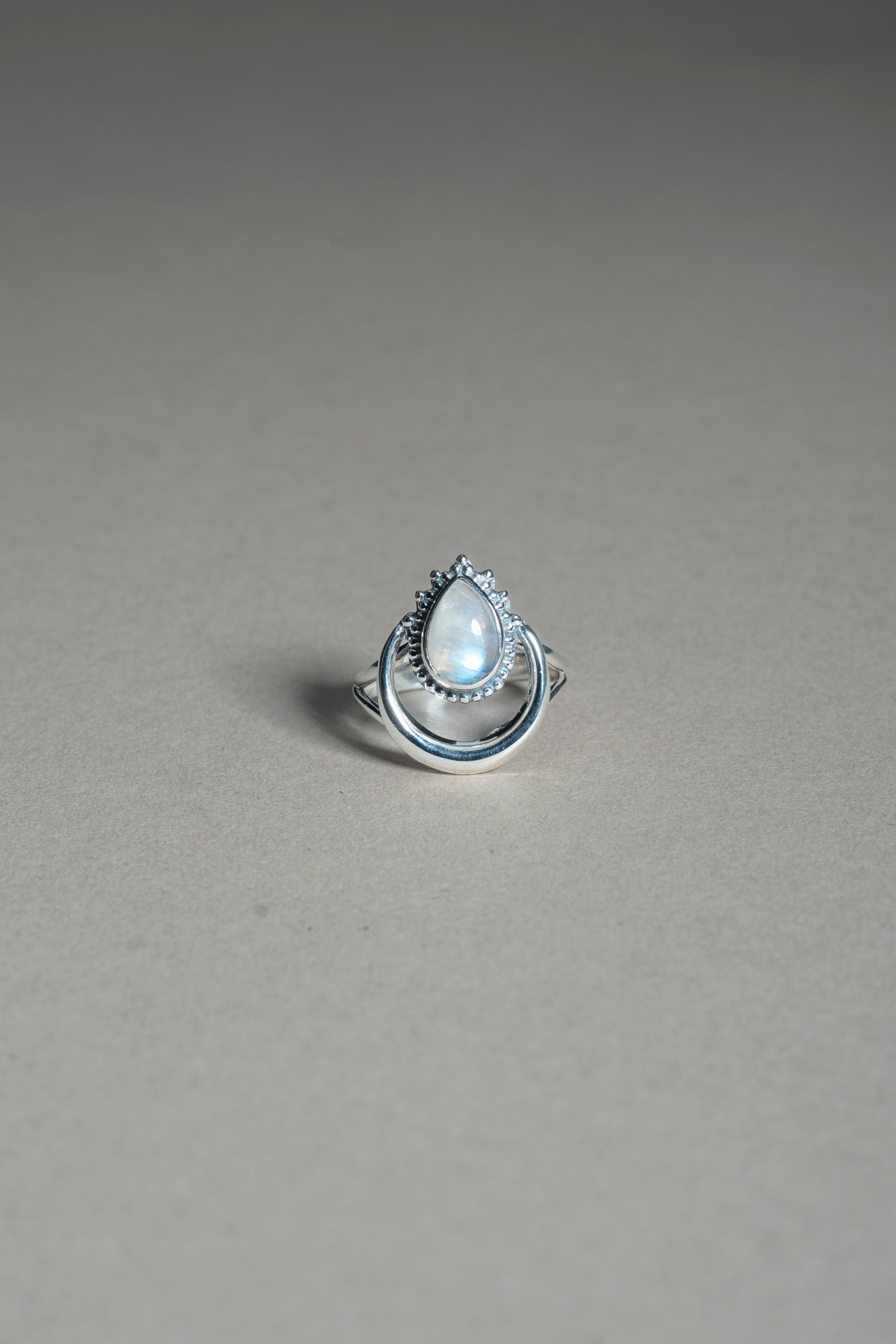 Sterling Rainbow Moonstone Crescent Moon Ring