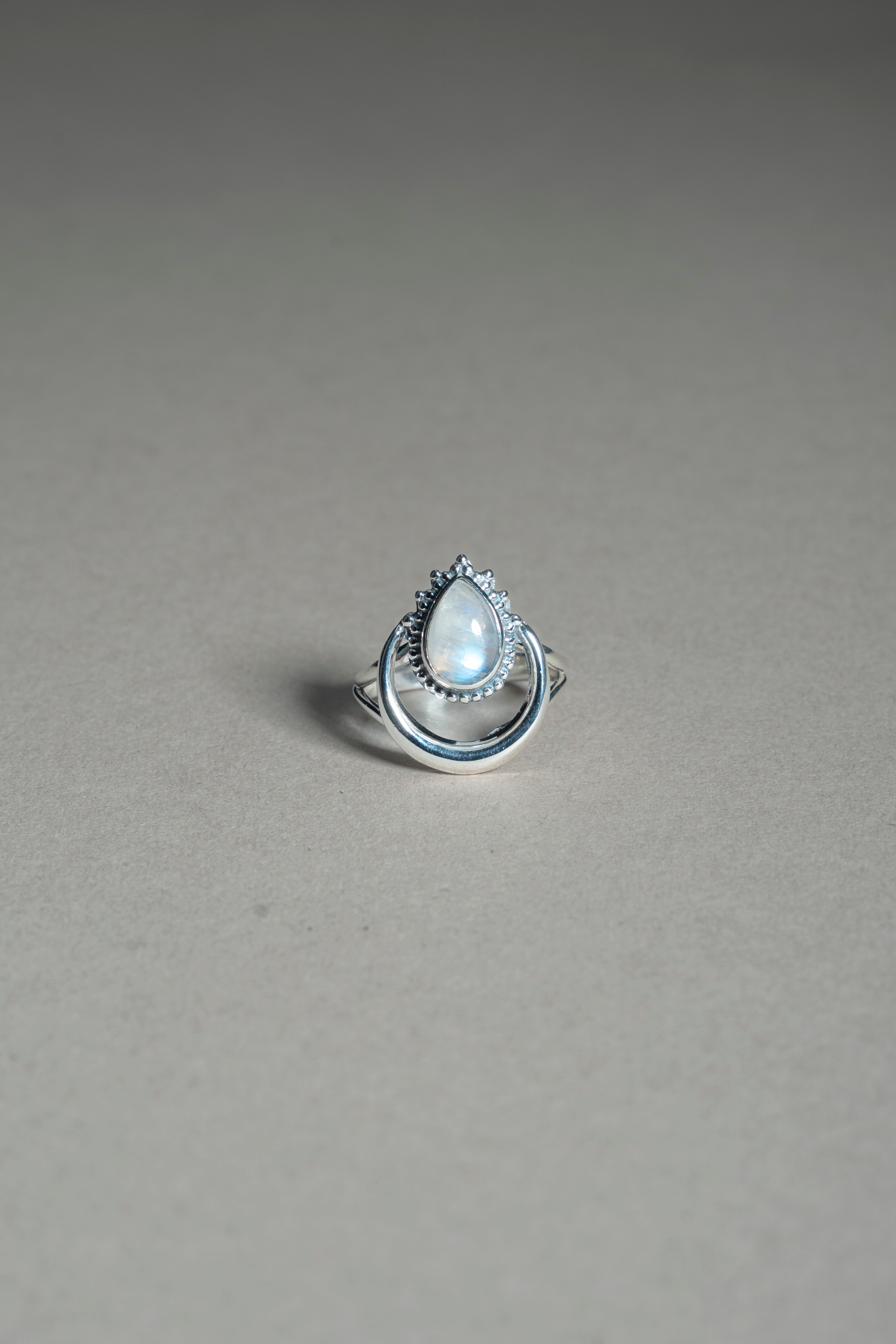 Sterling Silver Rainbow Moonstone Crescent Moon Ring