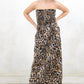 Model wearing Arabella Leopard Maxi Dress - Leopard Print Maxi Dress, No button or zip closure with shirred bandeau top