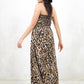 Model wearing Arabella Leopard Maxi Dress - Leopard Print Maxi Dress, No button or zip closure with shirred bandeau top