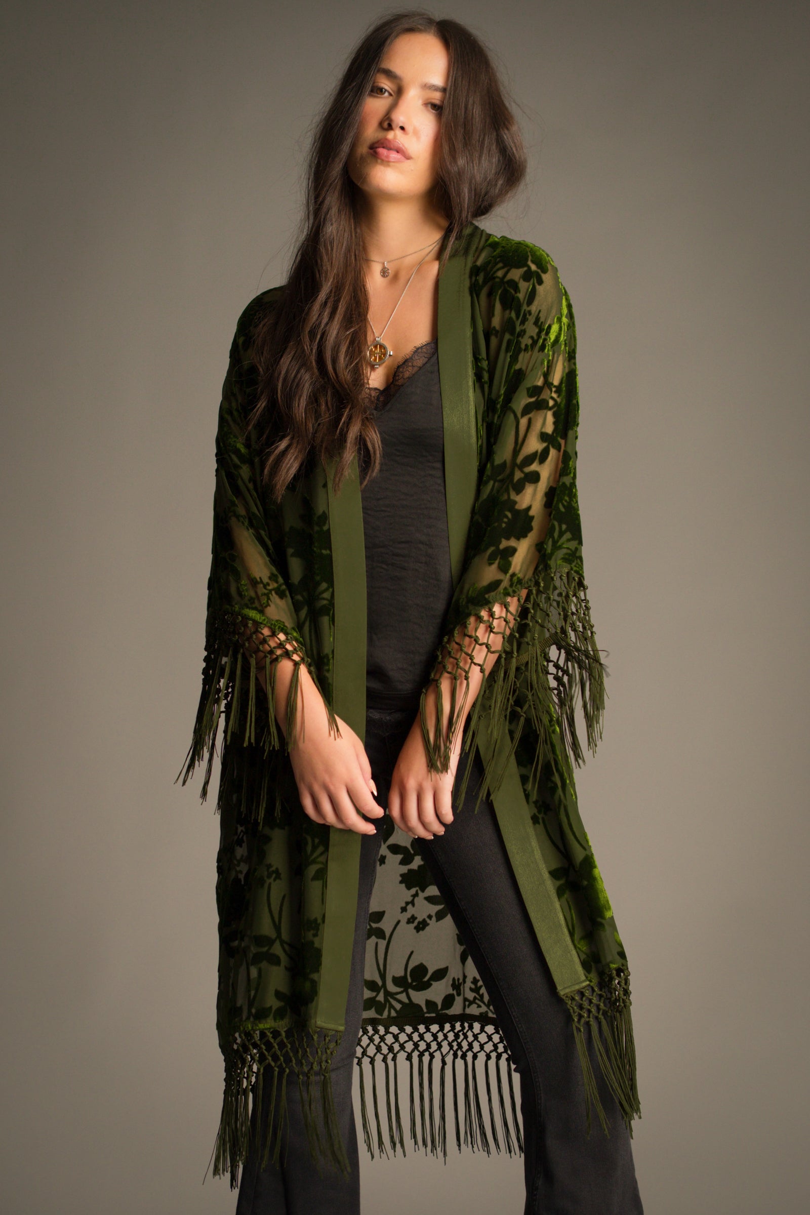 Little Lies Dakota olive devore kimono with sheer floral velvet detailing and tassel trim – lightweight relaxed fit layering piece