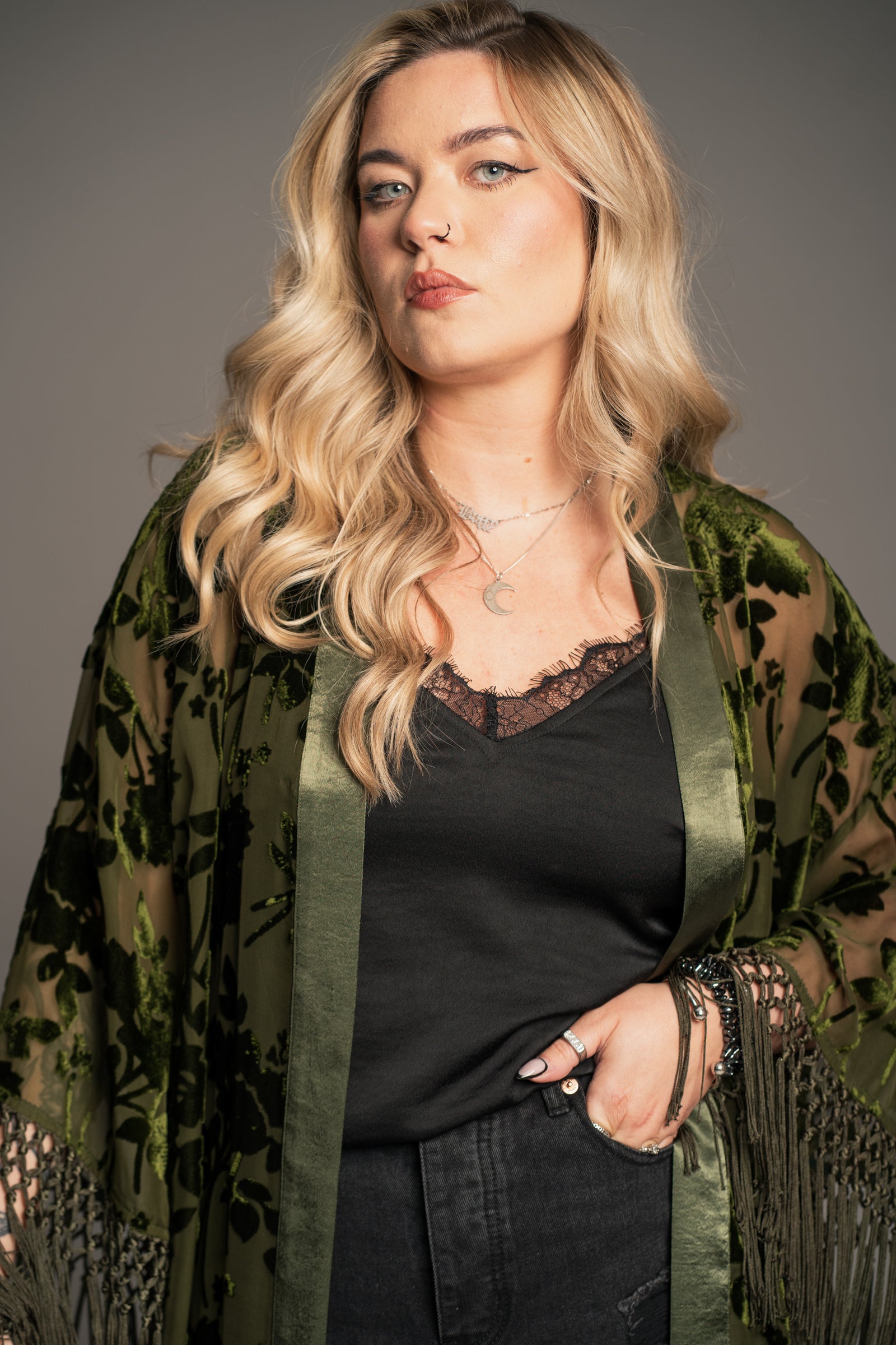 Close-up of Little Lies Dakota kimono neckline showing sheer olive devore fabric with soft velvet floral texture and satin trim