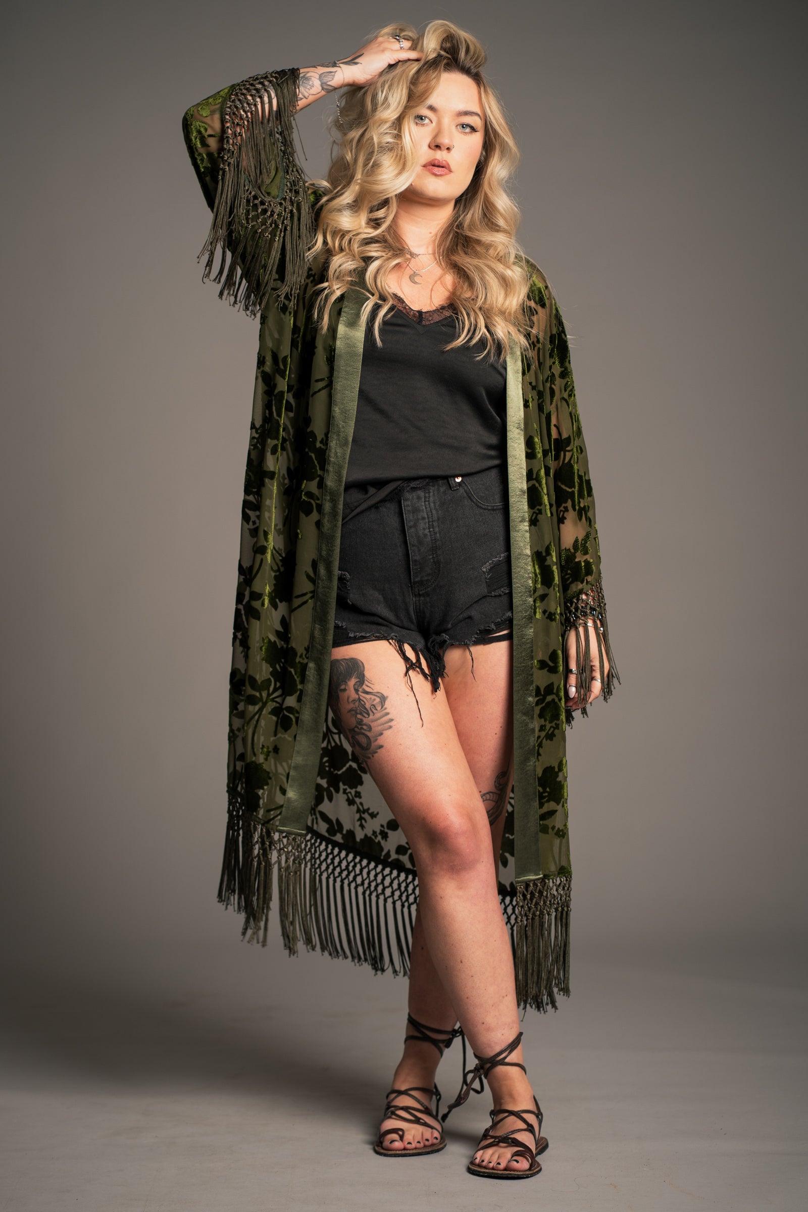 Little Lies Dakota olive devore kimono with sheer floral velvet detailing and tassel trim – lightweight relaxed fit layering piece