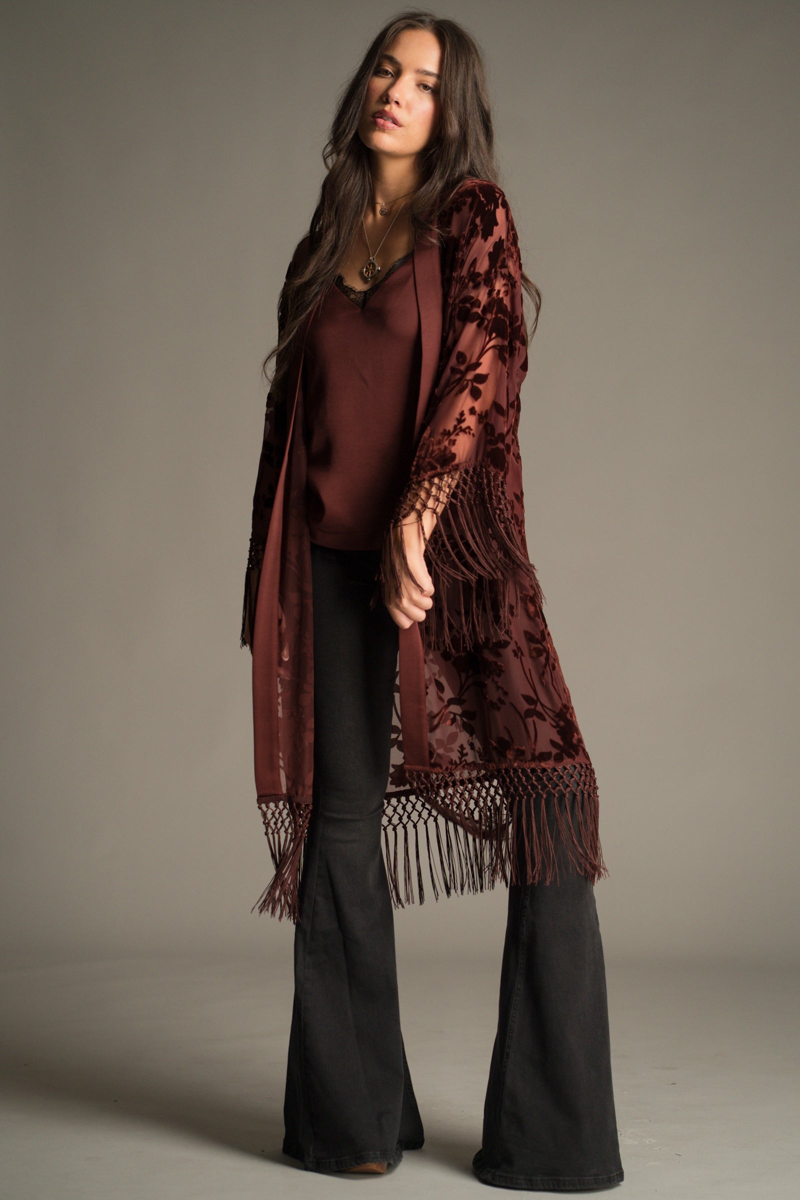 Dakota Rust Devore Kimono styled open over Nightbird Rust cami top and Hendrix Denim Flares.