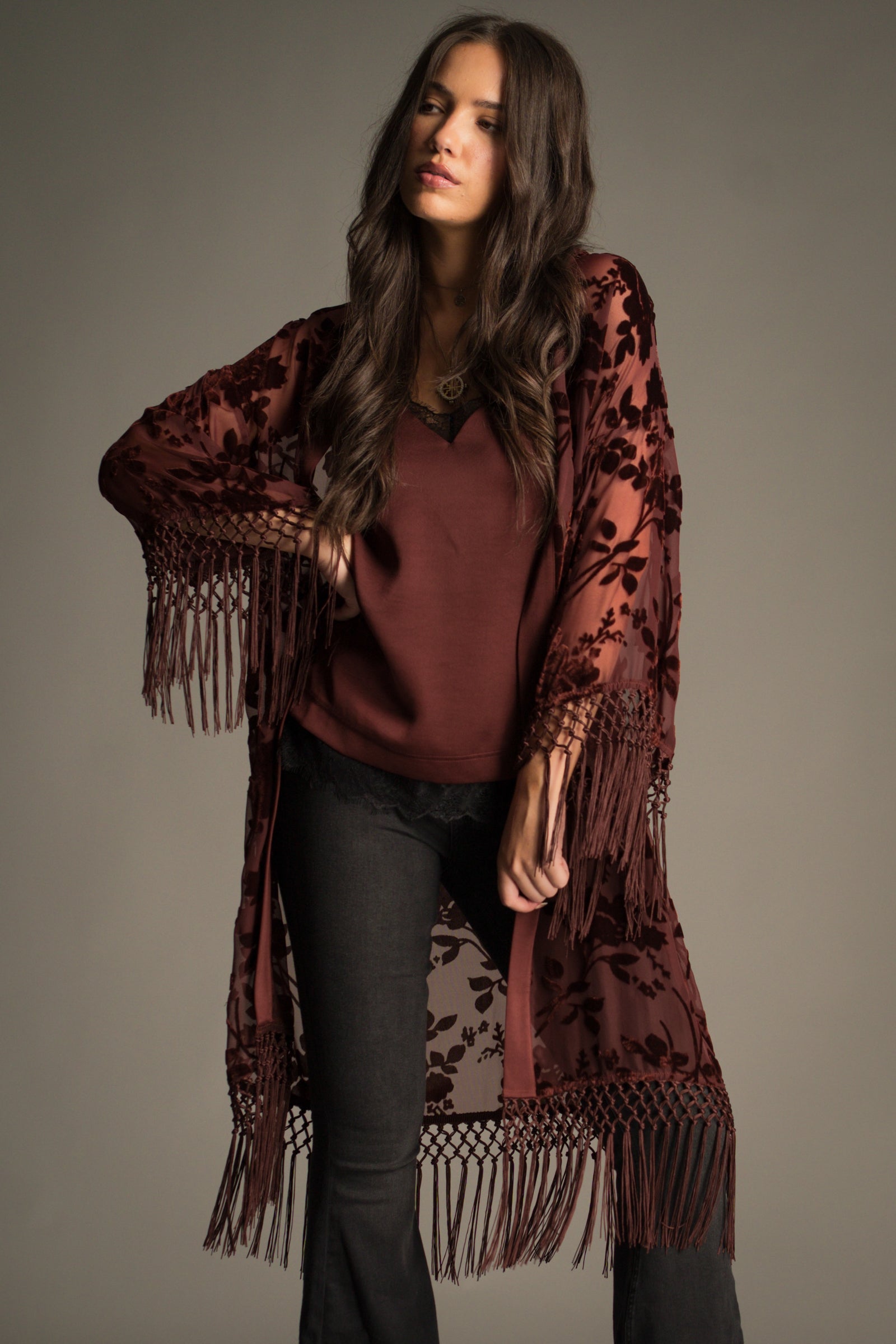 The Dakota Floral Kimono with sheer rust devoré velvet fabric and fringed hem.