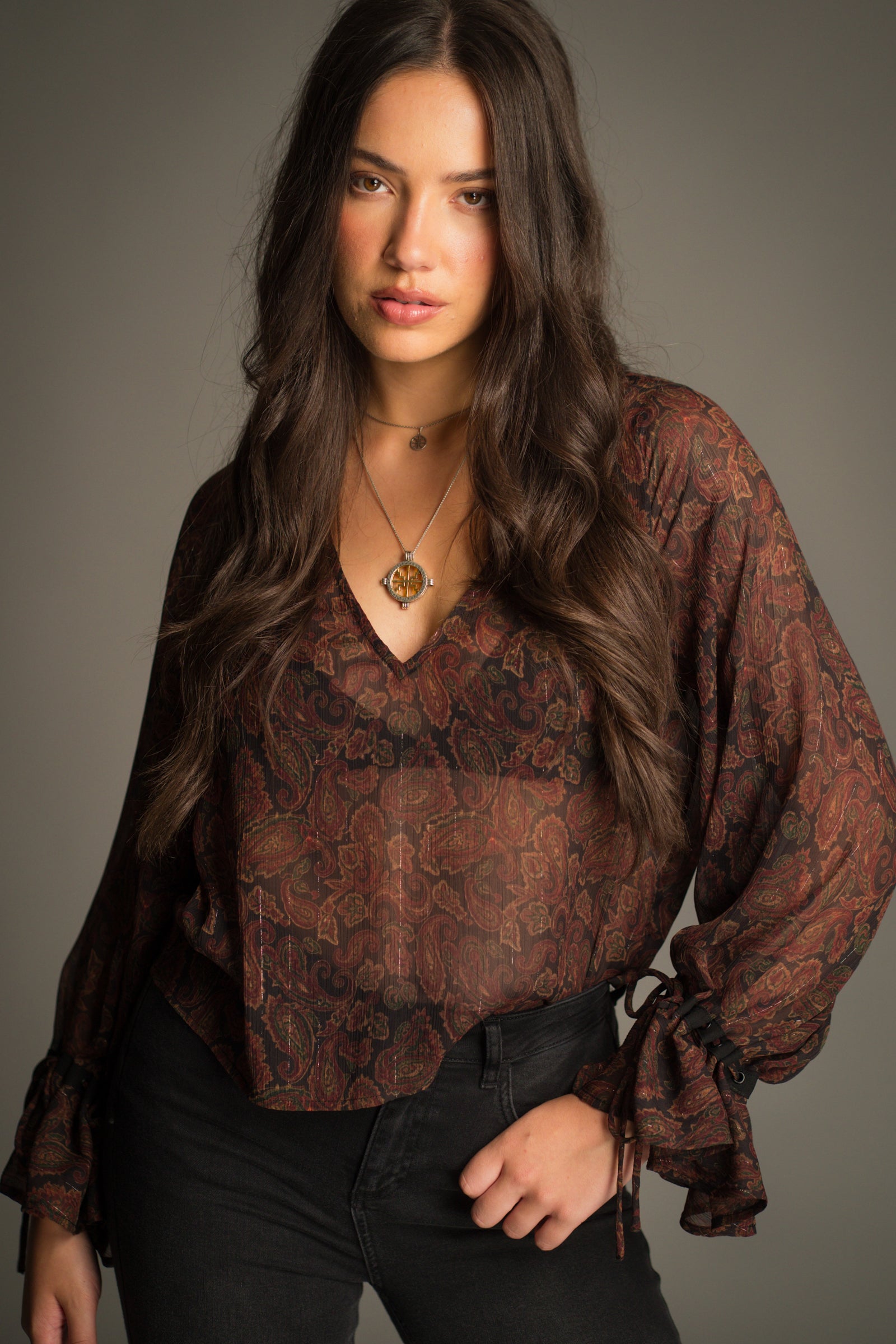 Front view of the metallic thread and paisley print on the Dark Paradise Paisley Boho Top.
