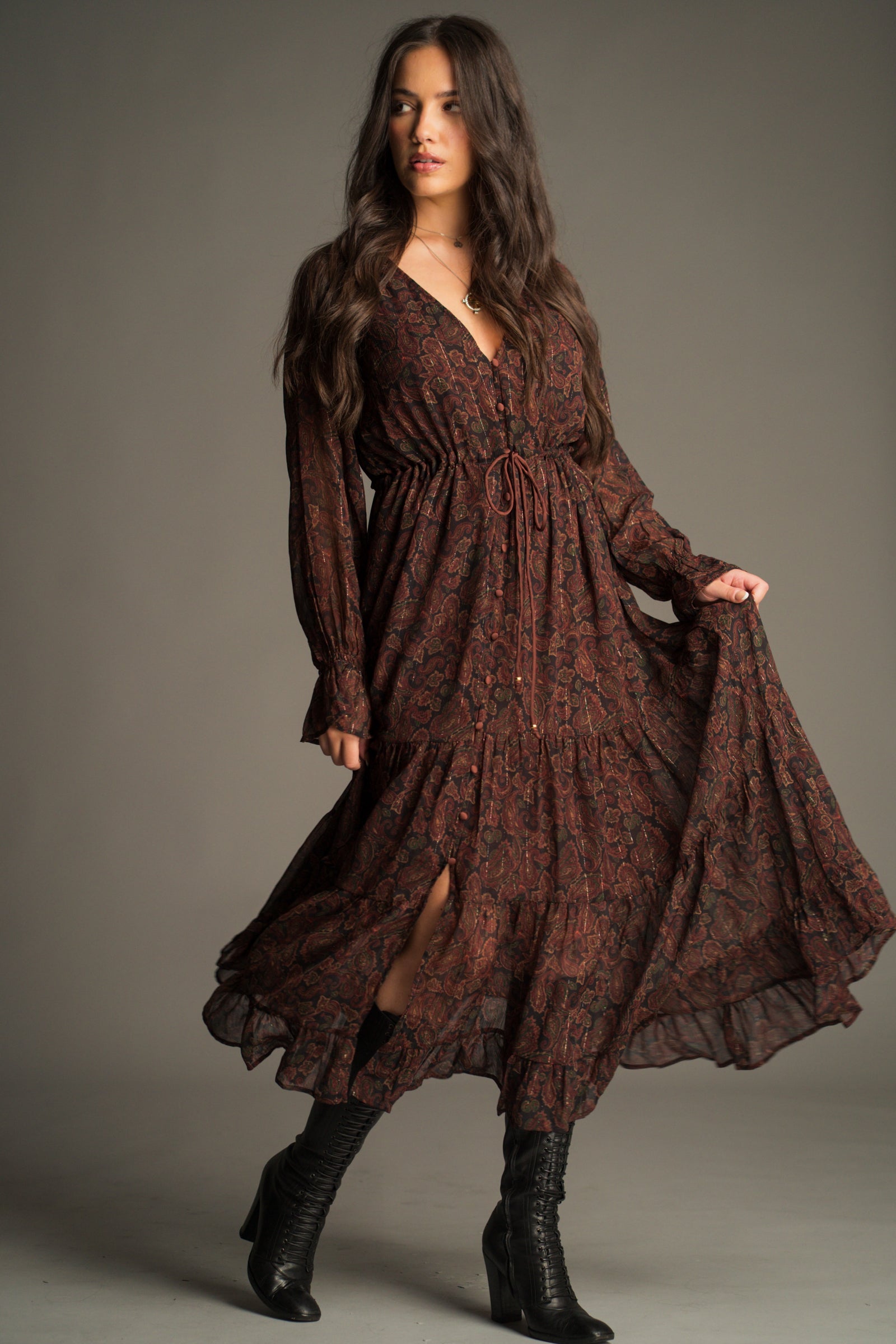 Front view of the Dark Paradise Paisley Maxi Dress showing the flowy chiffon.