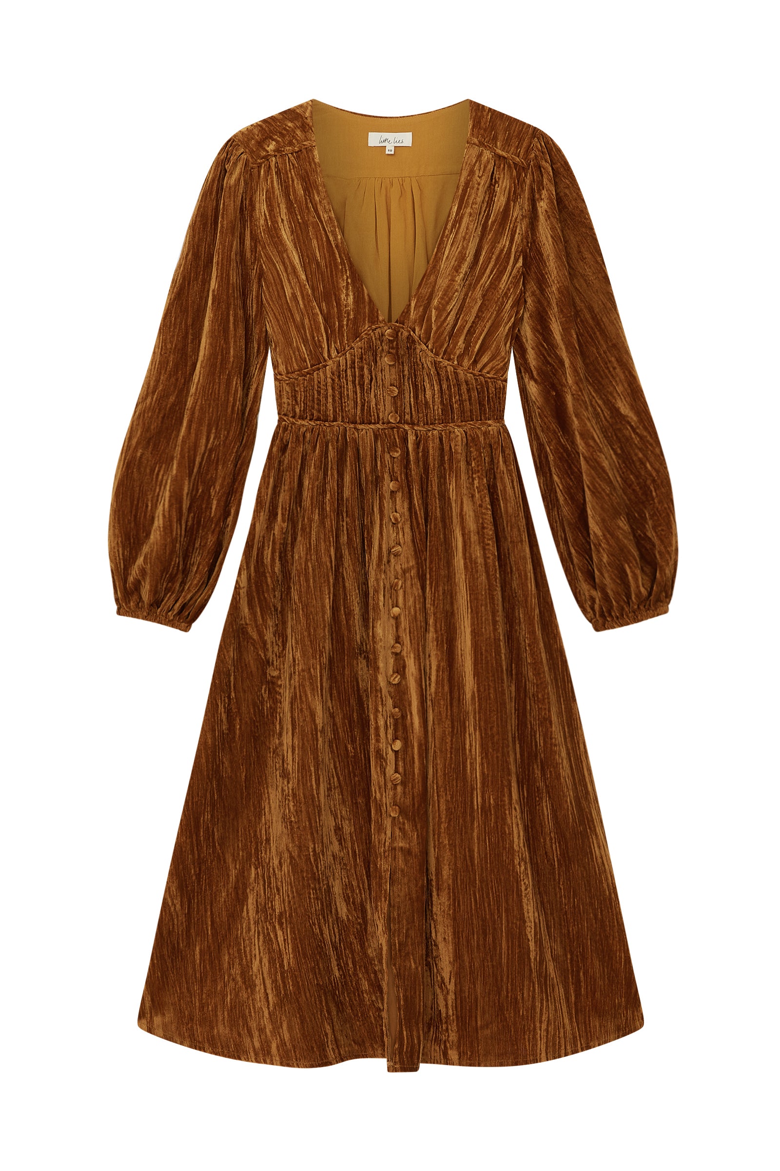 Dazed Copper Velvet Midi Dress with deep V-neckline, gathered sleeves, and faux button front