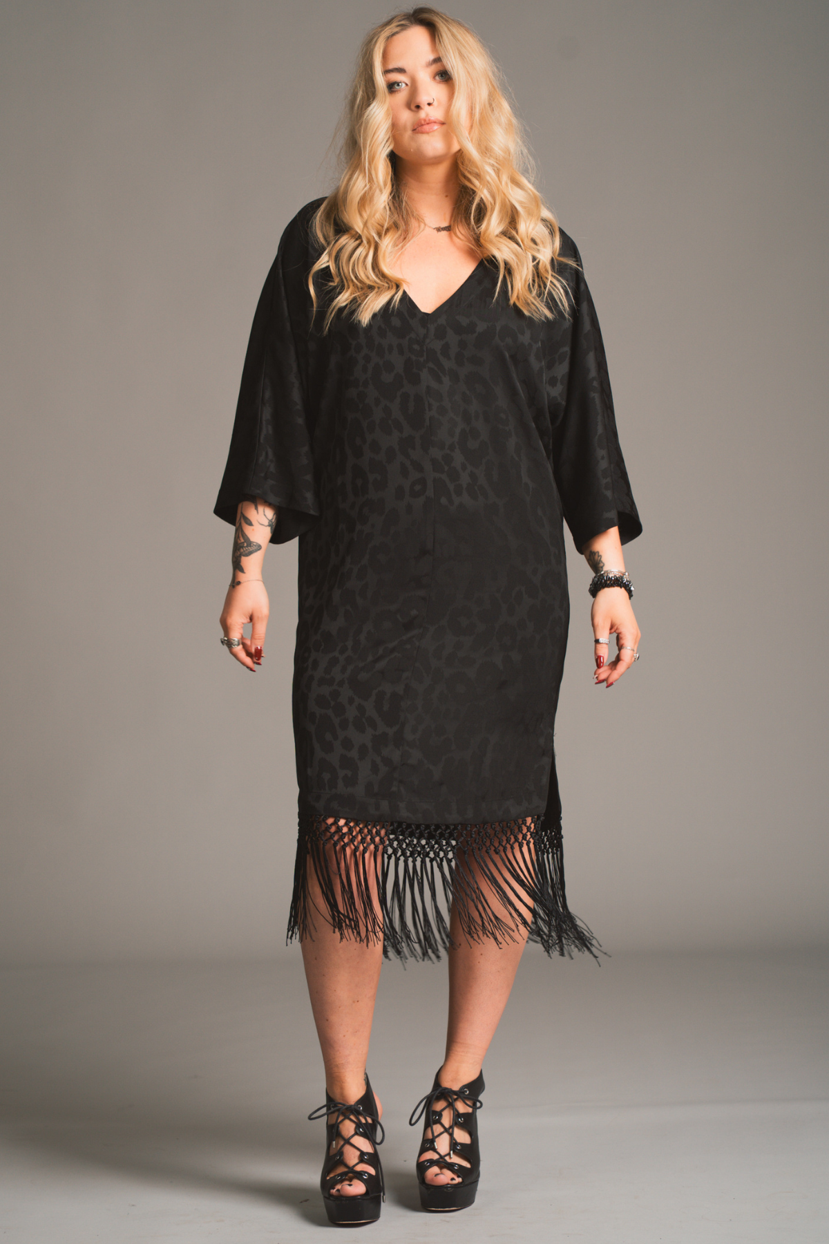 Sweet Emotion Fringed Leopard Black Kimono Midi Dress. 