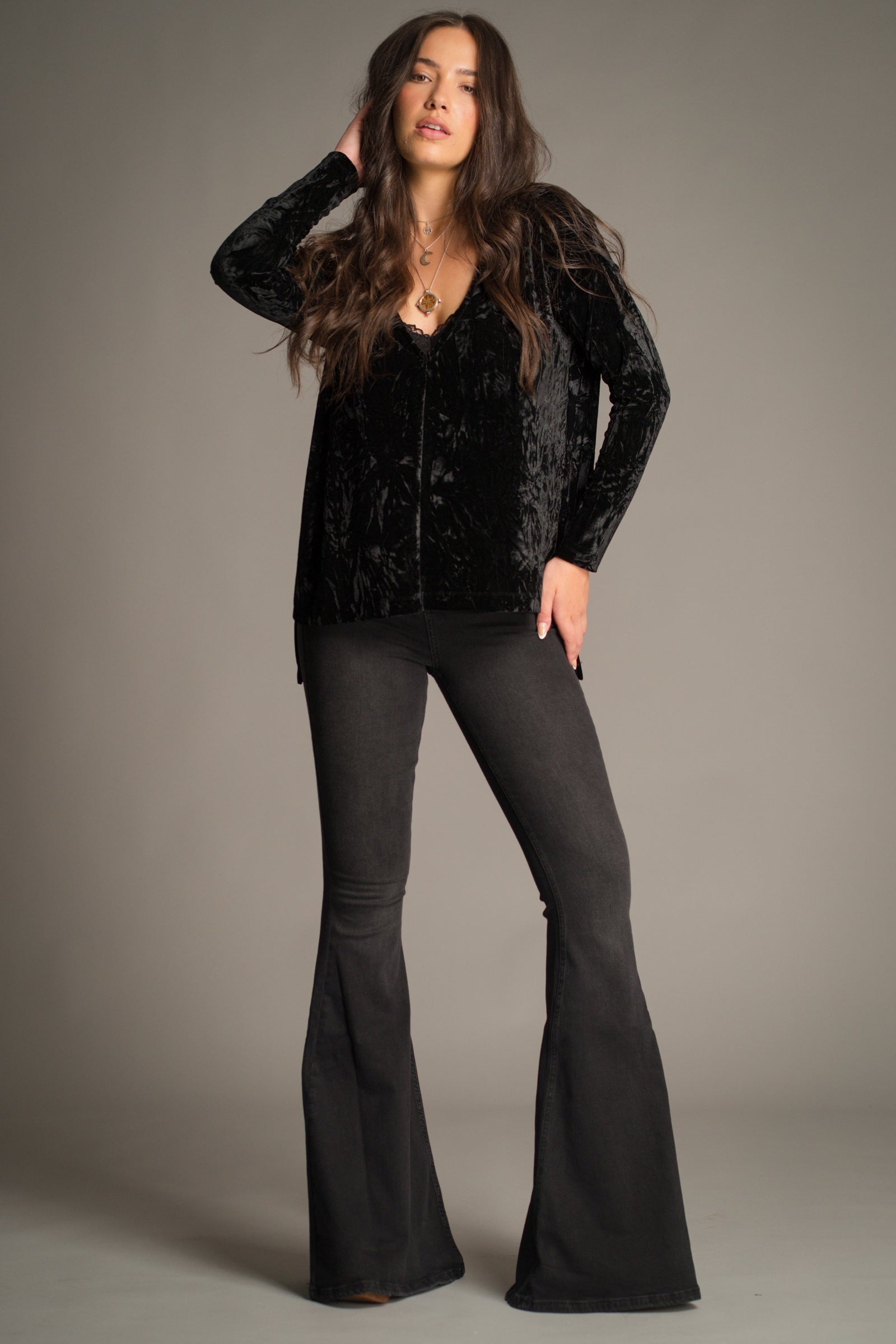Front view of the Dylan Black Crushed Velvet Tee in soft black crushed velvet.