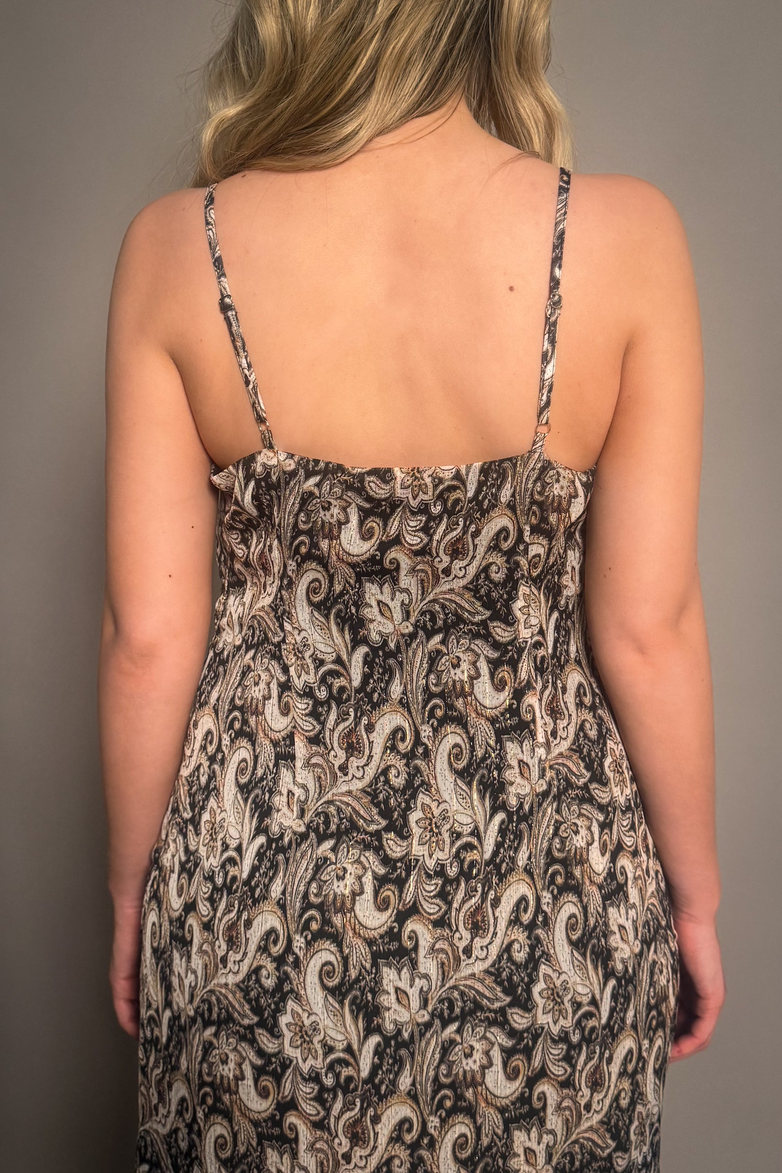 Back view of Little Lies Eleanor Paisley Slip Dress showing adjustable straps details and paisley print.