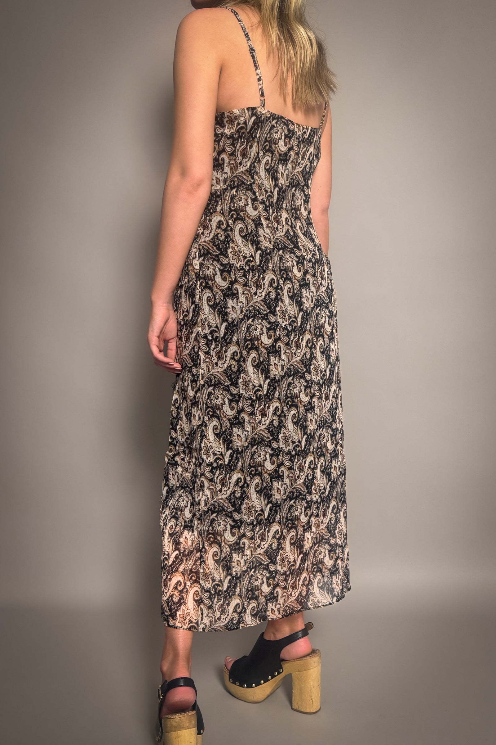 Back view of Little Lies Eleanor Paisley Slip Dress showing adjustable straps and midi length