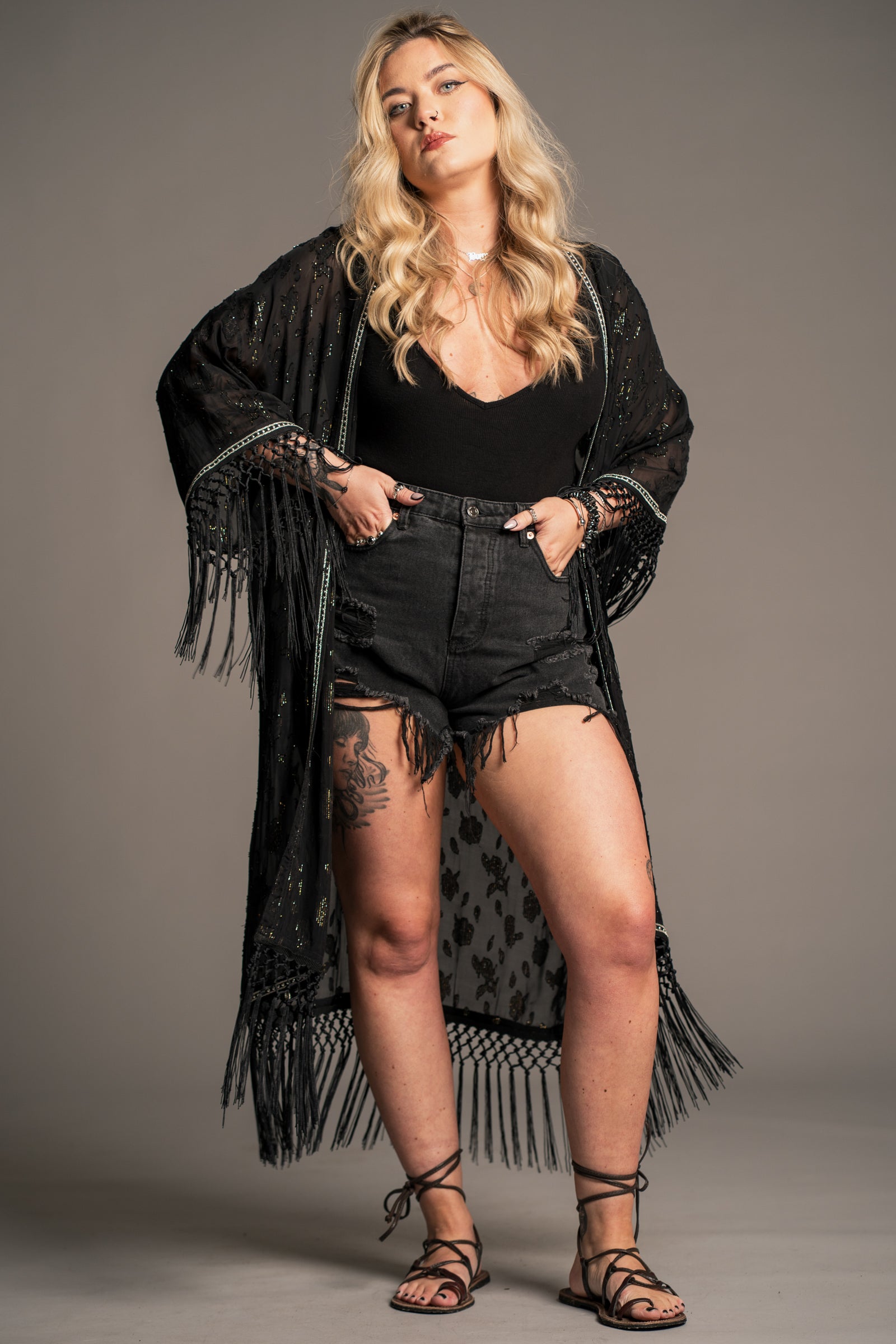 Electric Lady Kimono with studded trim and fringe hem detail