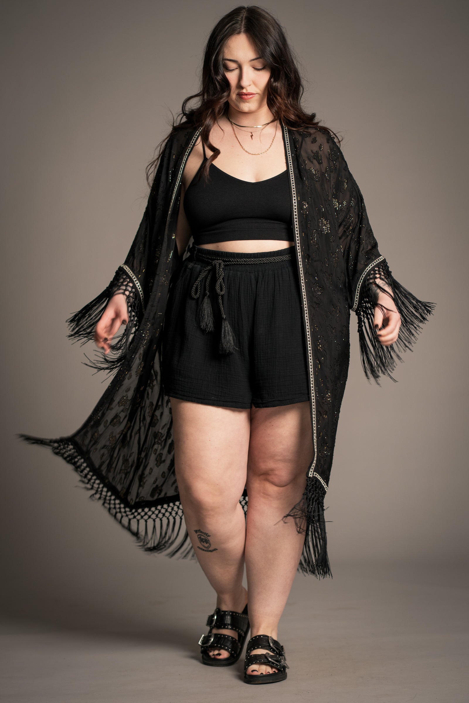 Electric Lady Kimono fringe sleeve detail and studded edge trim