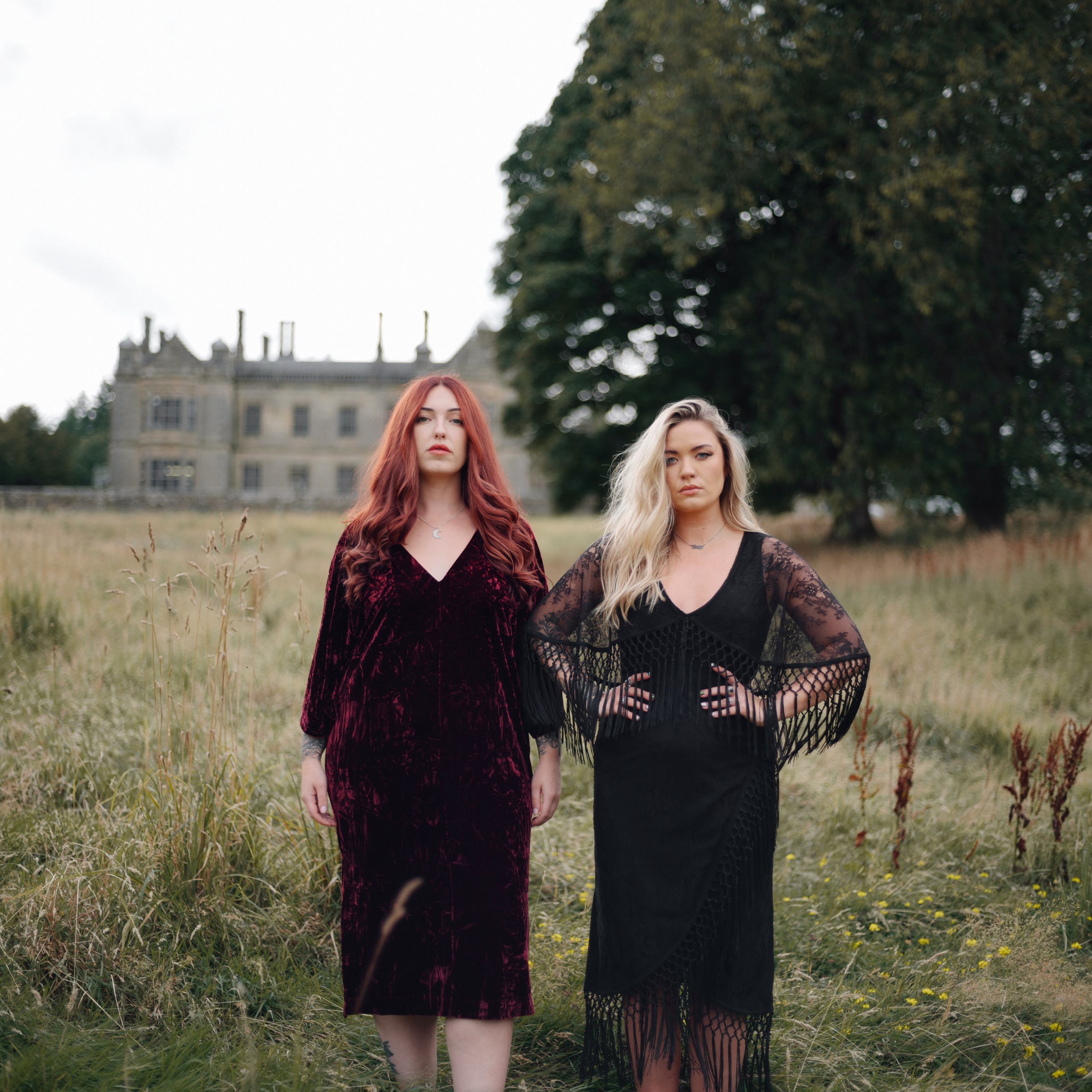 Erin wears Tango in the Night Lace Midi Dress, Taylor wears Rumours Merlot Velvet Midi Dress on Stevie Nicks inspired shoot.