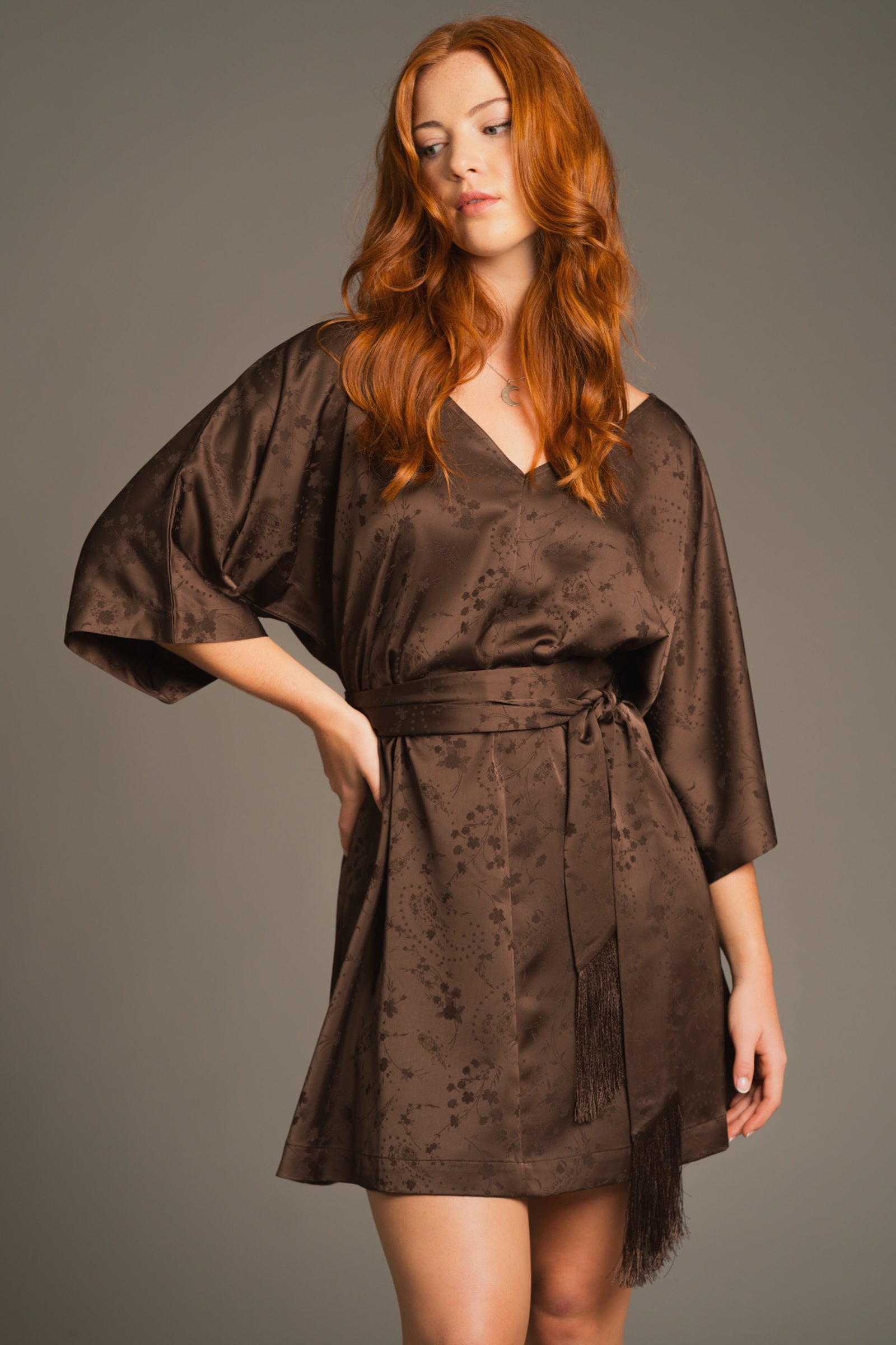 Front view of the Evermore mini dress with espresso brown chiffon, batwing sleeves and relaxed V-neckline