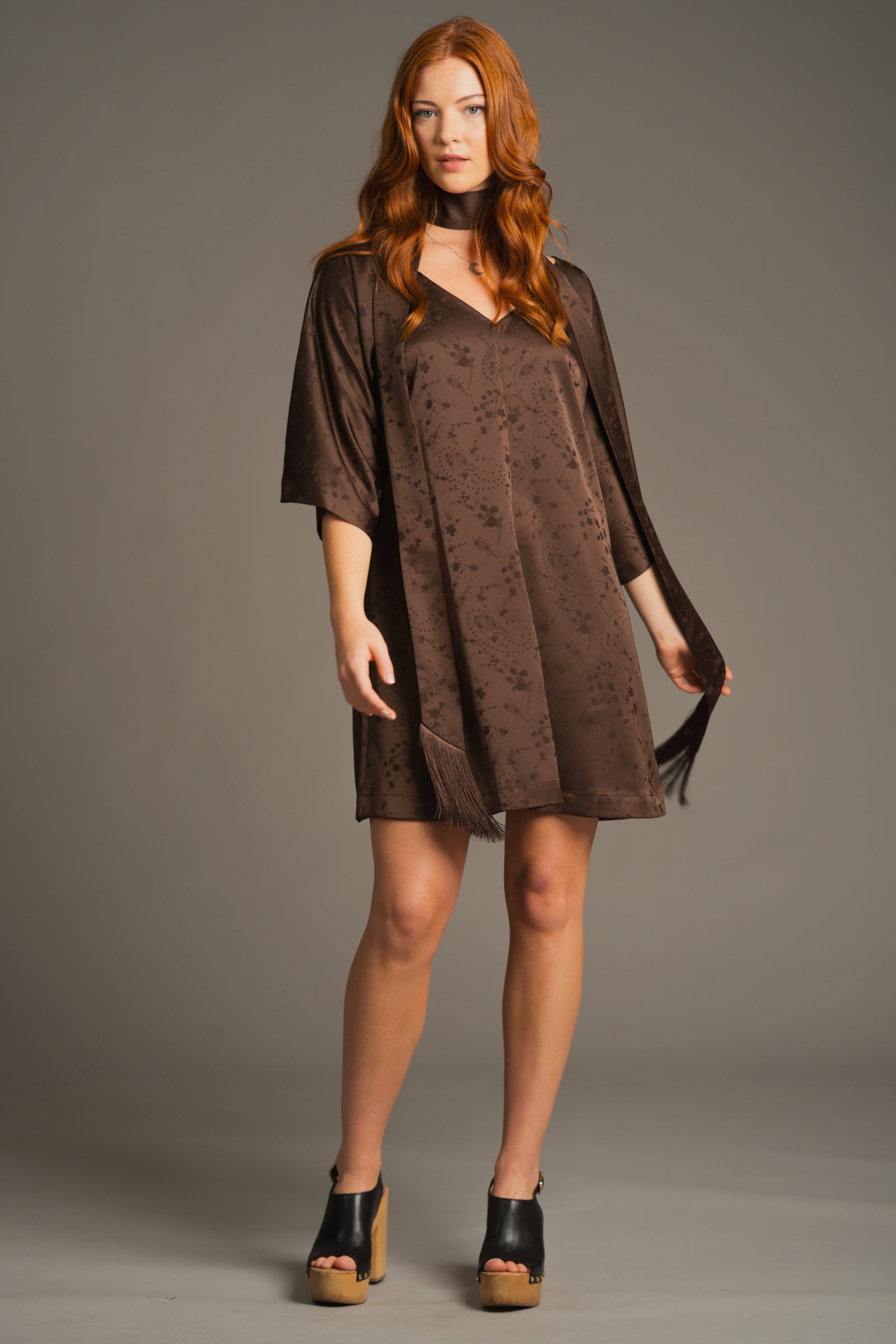Front view of the Evermore mini dress with espresso chiffon, batwing sleeves and relaxed V-neckline