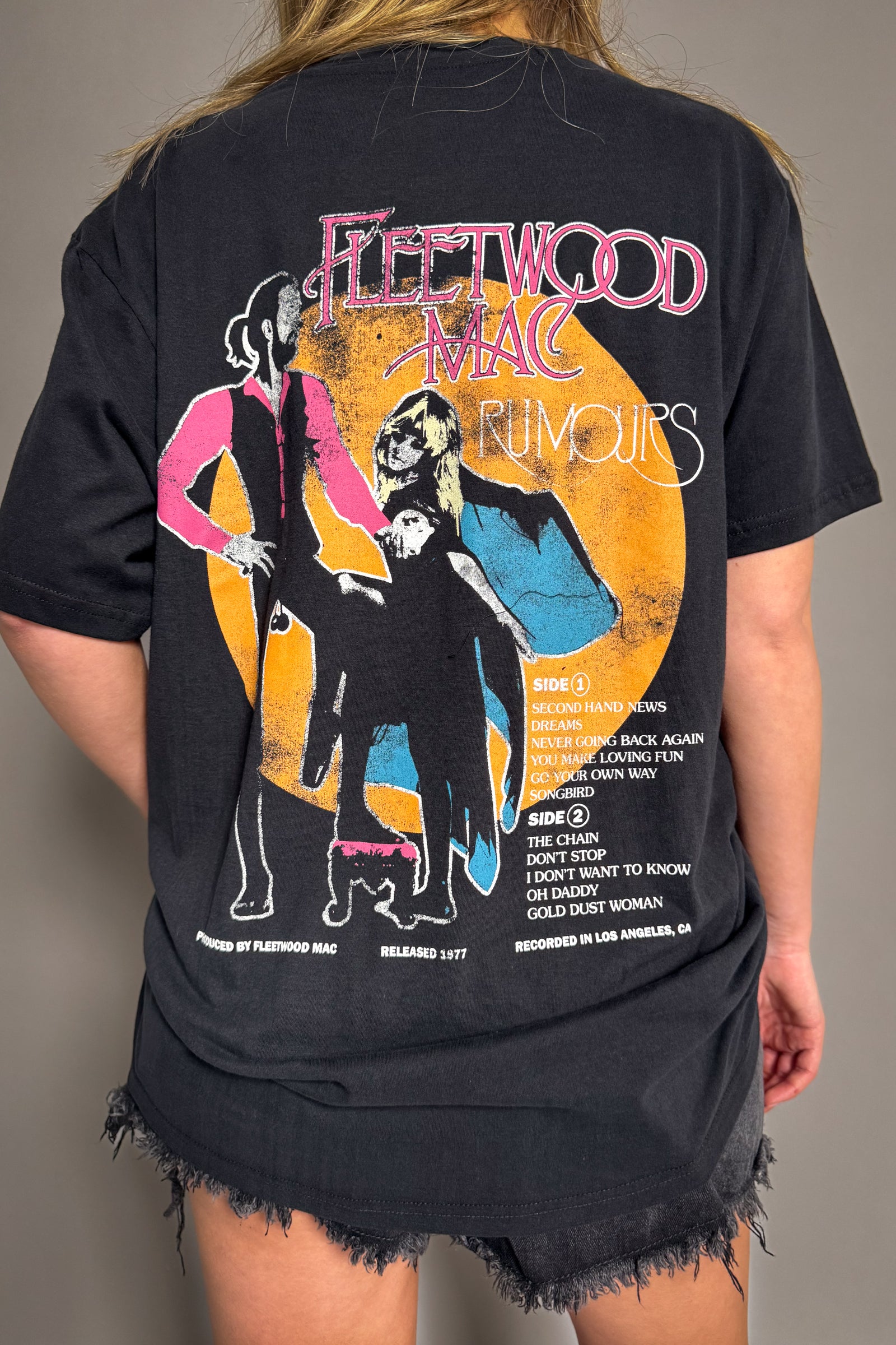 Back view of the Fleetwood Mac Retro Rumours band t-shirt showing track listing artwork.