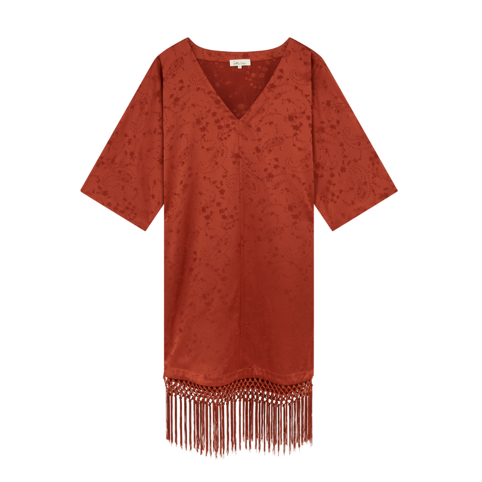 Ghost image of Florence midi dress – relaxed boho kimono silhouette in rust cheesecloth with jacquard floral and fringe details.